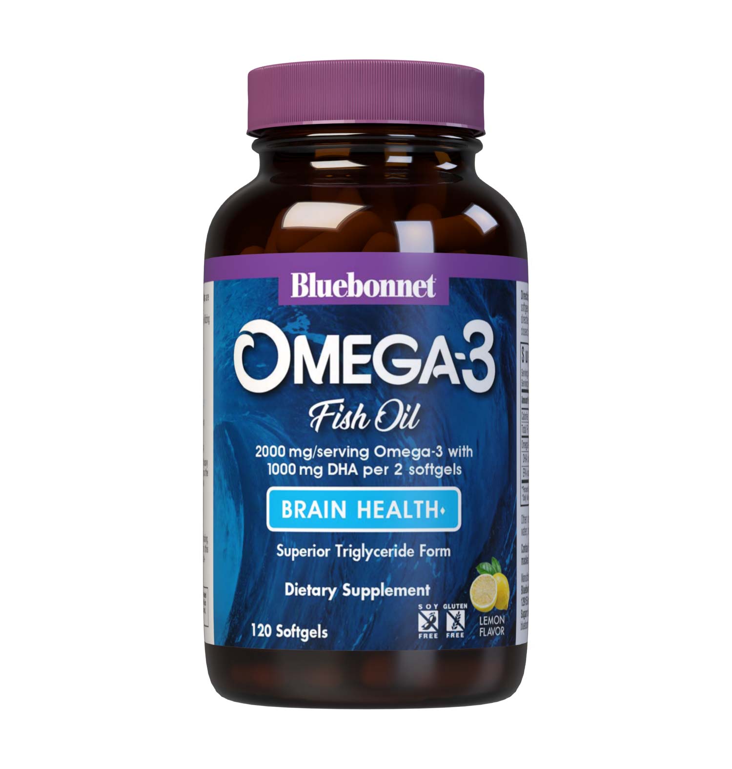 Bluebonnet’s Omega-3 Fish Oil Brain Health 120 Softgels are formulated with a specific ratio of DHA and EPA to help support brain function, mood, and focus by utilizing ultra-refined omega-3s from wild-caught fish. #size_120 count
