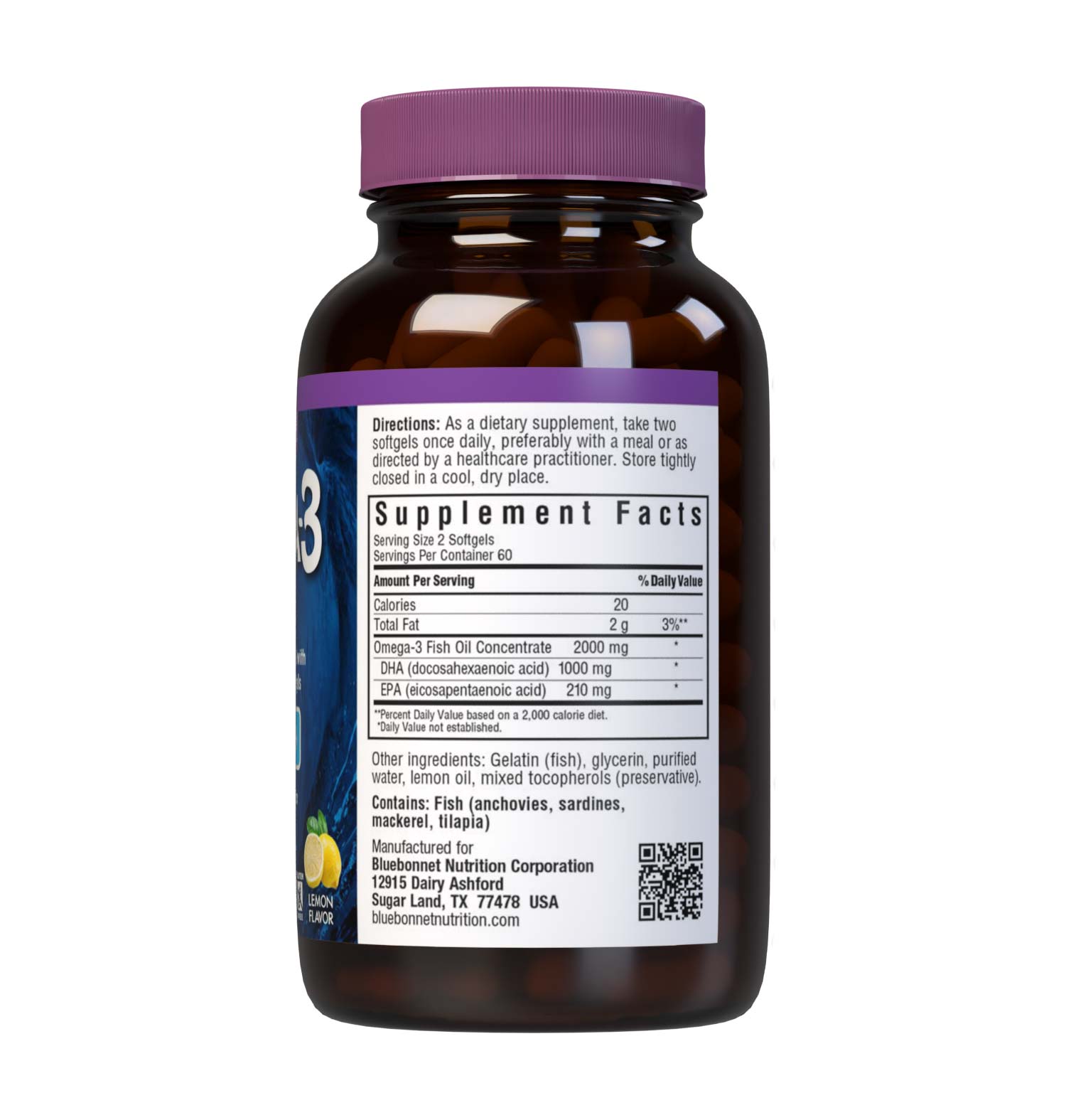 Bluebonnet’s Omega-3 Fish Oil Brain Health 120 Softgels are formulated with a specific ratio of DHA and EPA to help support brain function, mood, and focus by utilizing ultra-refined omega-3s from wild-caught fish. Supplement facts panel. #size_120 count