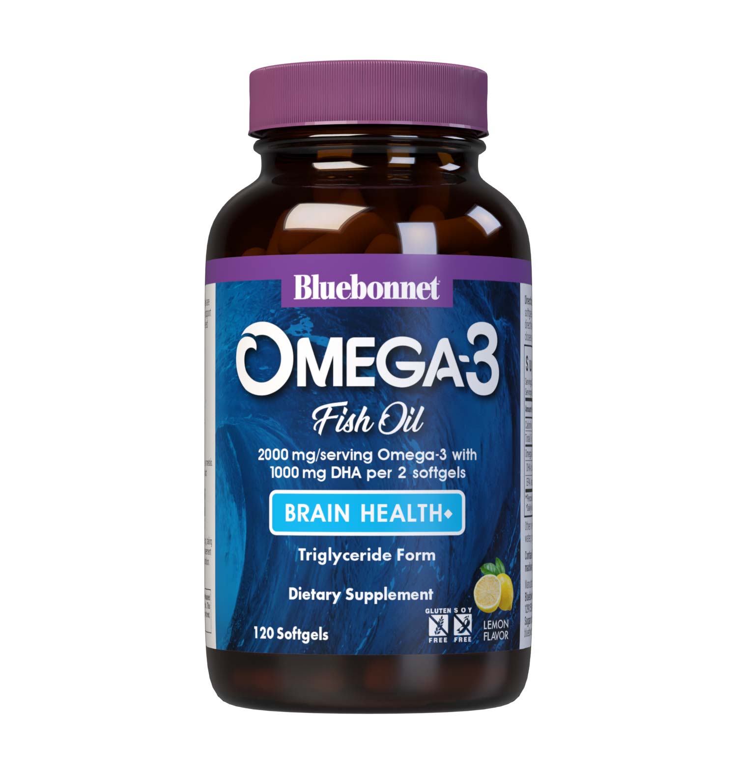 Bluebonnet’s Omega-3 Fish Oil Brain Health 120 Softgels are formulated with a specific ratio of DHA and EPA to help support brain function, mood, and focus by utilizing ultra-refined omega-3s from wild-caught fish. #size_120 count