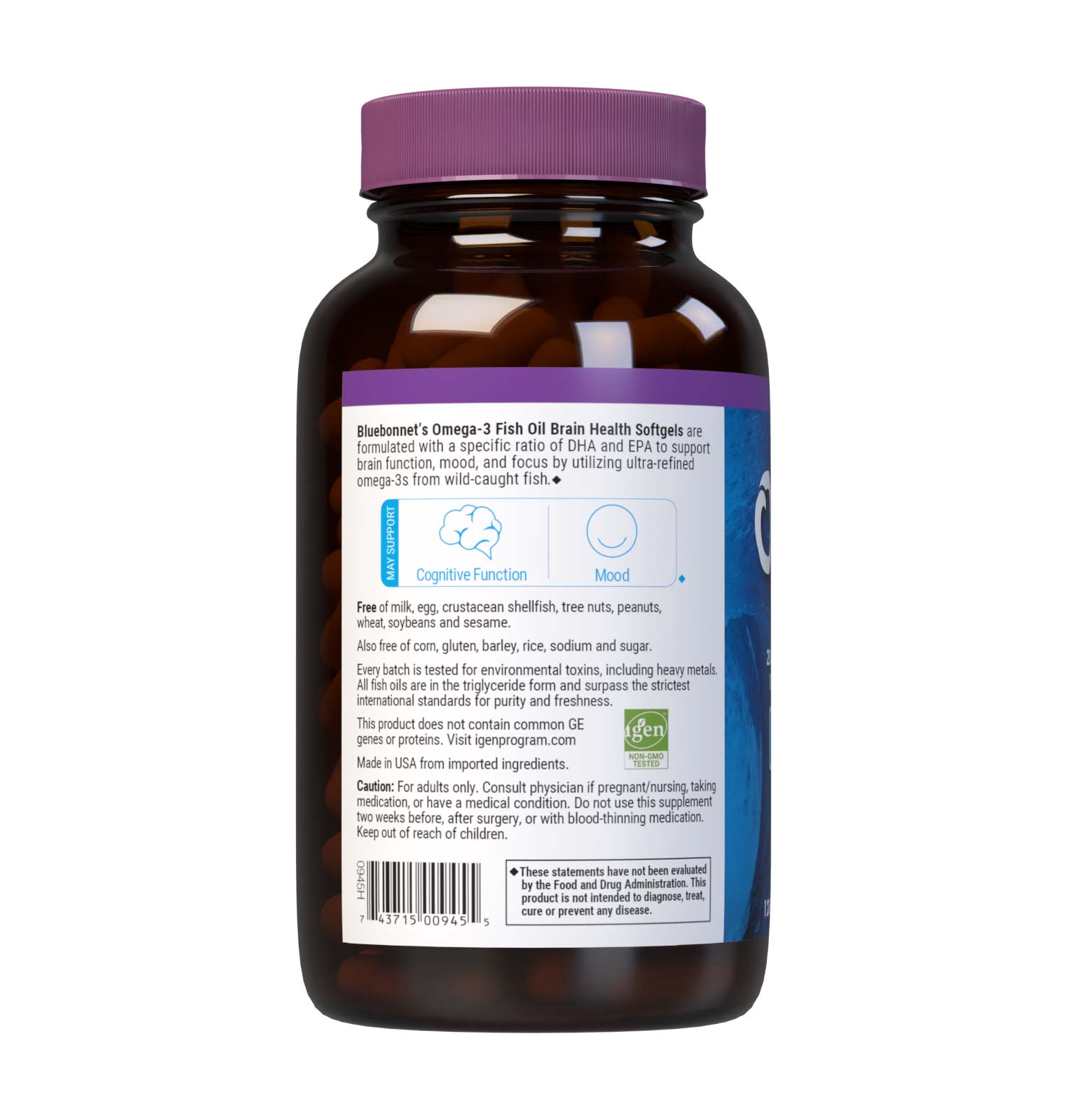 Bluebonnet’s Omega-3 Fish Oil Brain Health 120 Softgels are formulated with a specific ratio of DHA and EPA to help support brain function, mood, and focus by utilizing ultra-refined omega-3s from wild-caught fish. Description panel. #size_120 count