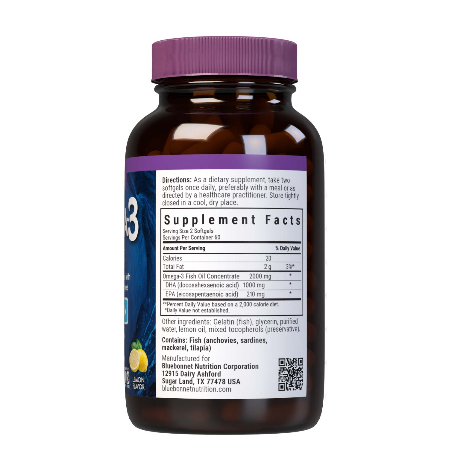 Bluebonnet’s Omega-3 Fish Oil Brain Health 120 Softgels are formulated with a specific ratio of DHA and EPA to help support brain function, mood, and focus by utilizing ultra-refined omega-3s from wild-caught fish. Supplement facts panel. #size_120 count