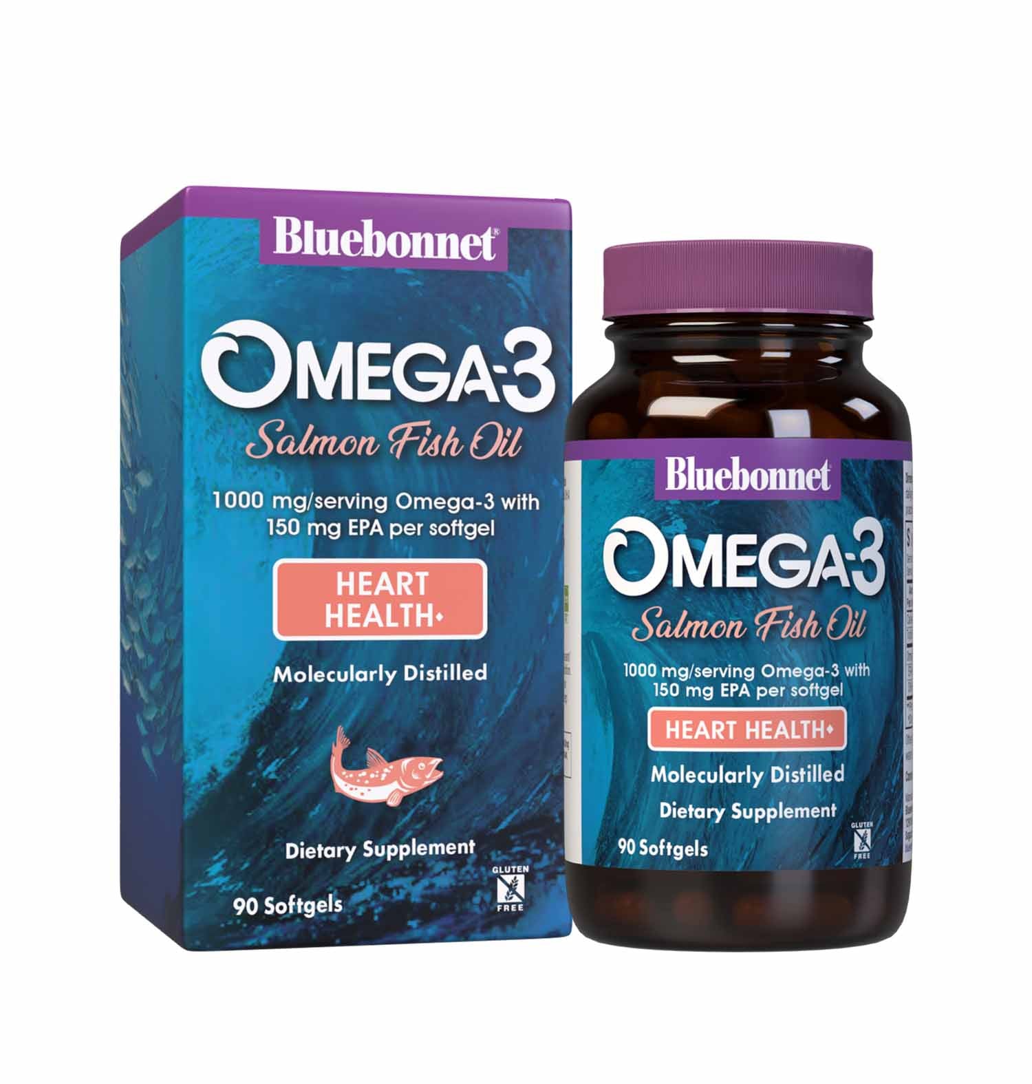 Bluebonnet’s Omega-3 Salmon Oil 90 Softgels are formulated with a specific ratio of EPA and DHA to help support heart health, blood flow, and blood pressure within the normal range by utilizing ultra-refined omega 3-s from salmon fish oil. Bottle with box. #size_90 count