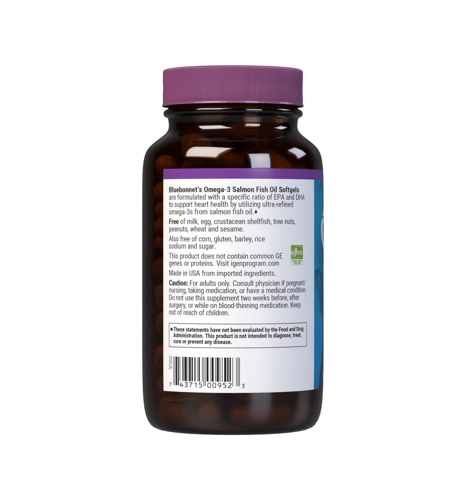 Bluebonnet’s Omega-3 Salmon Oil 90 Softgels are formulated with a specific ratio of EPA and DHA to help support heart health, blood flow, and blood pressure within the normal range by utilizing ultra-refined omega 3-s from salmon fish oil. Description panel. #size_90 count