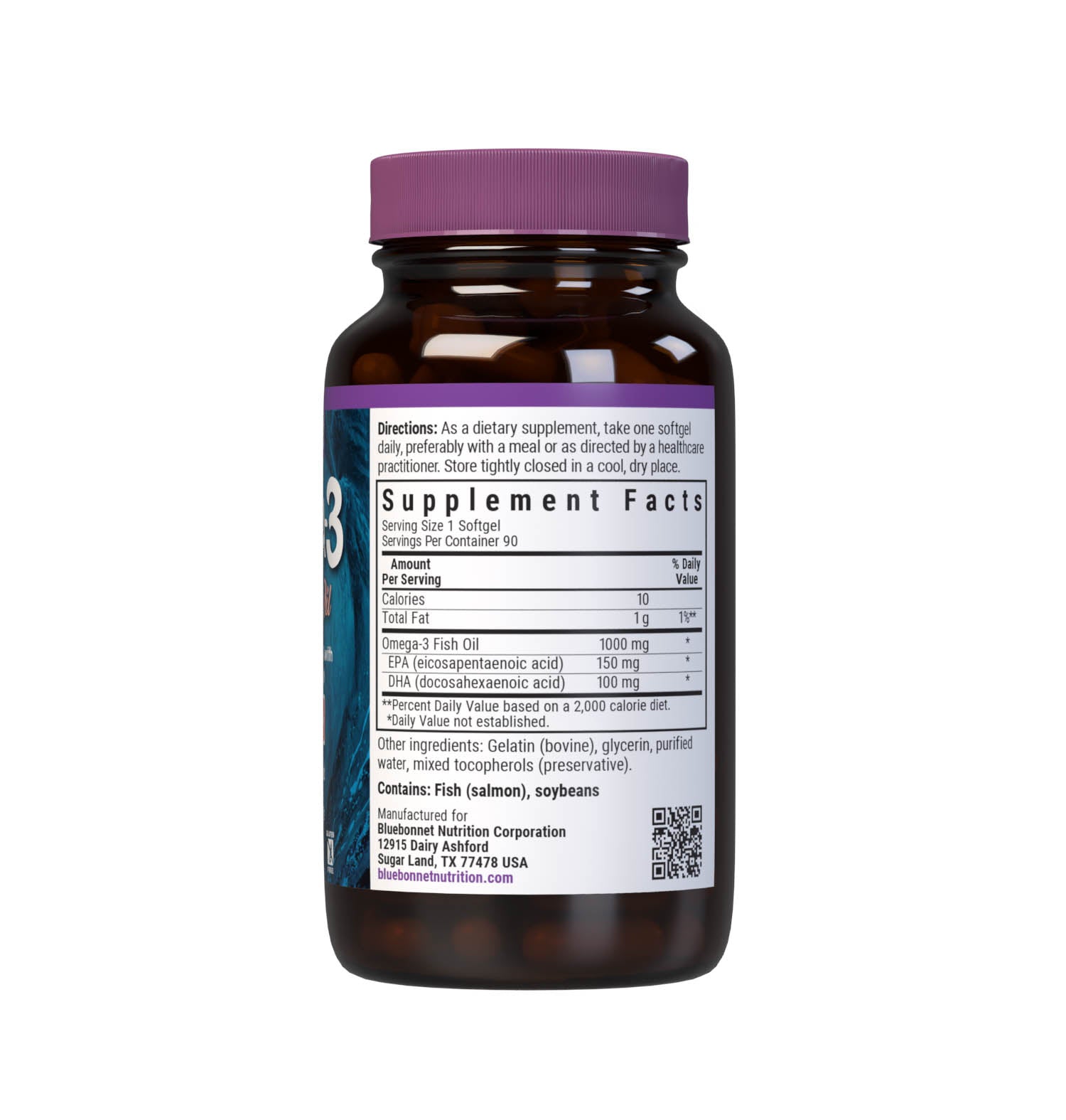 Bluebonnet’s Omega-3 Salmon Oil 90 Softgels are formulated with a specific ratio of EPA and DHA to help support heart health, blood flow, and blood pressure within the normal range by utilizing ultra-refined omega 3-s from salmon fish oil. Supplement facts panel. #size_90 count