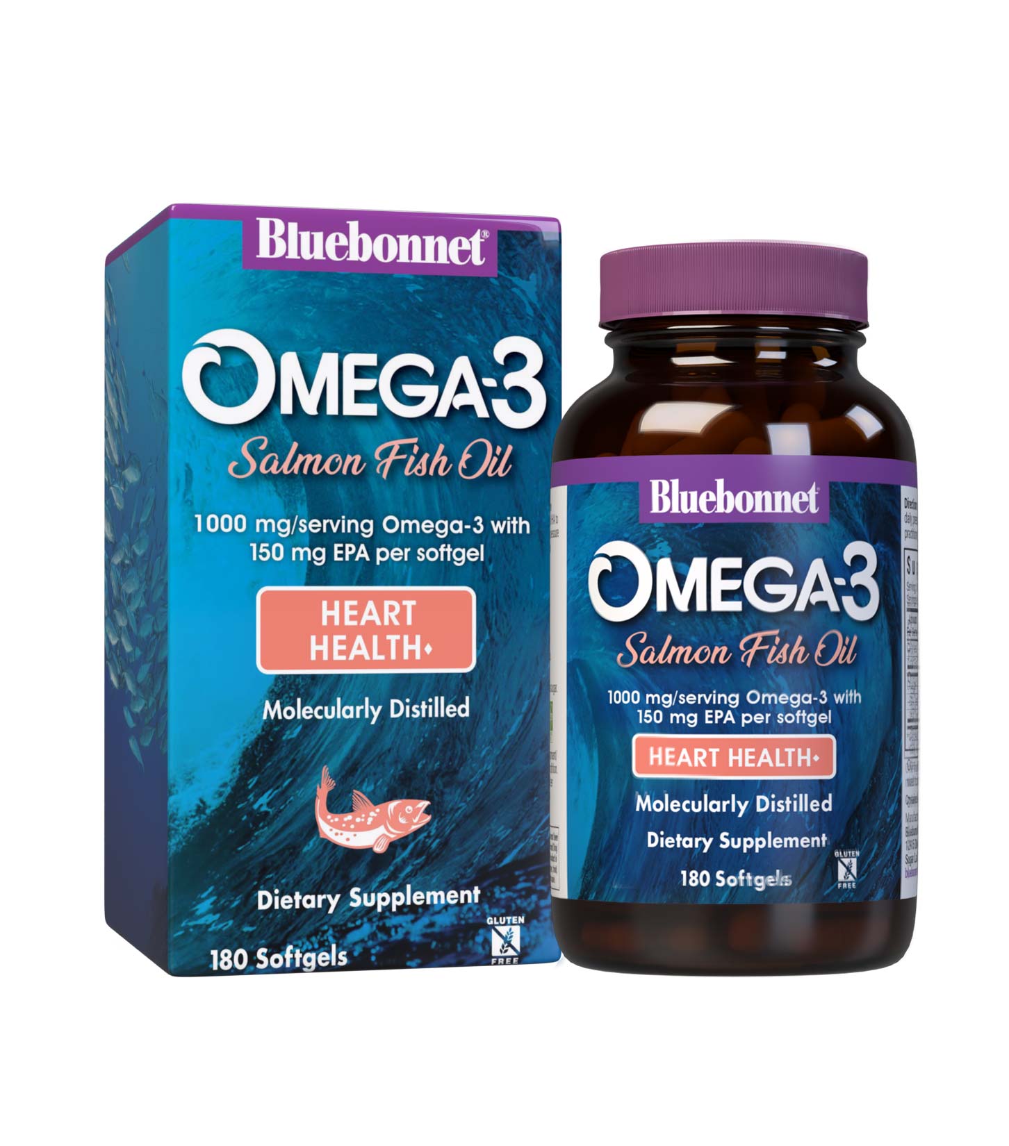 Bluebonnet’s Omega-3 Salmon Oil 180 Softgels are formulated with a specific ratio of EPA and DHA to help support heart health, blood flow, and blood pressure within the normal range by utilizing ultra-refined omega 3-s from salmon fish oil. Bottle with box. #size_180 count