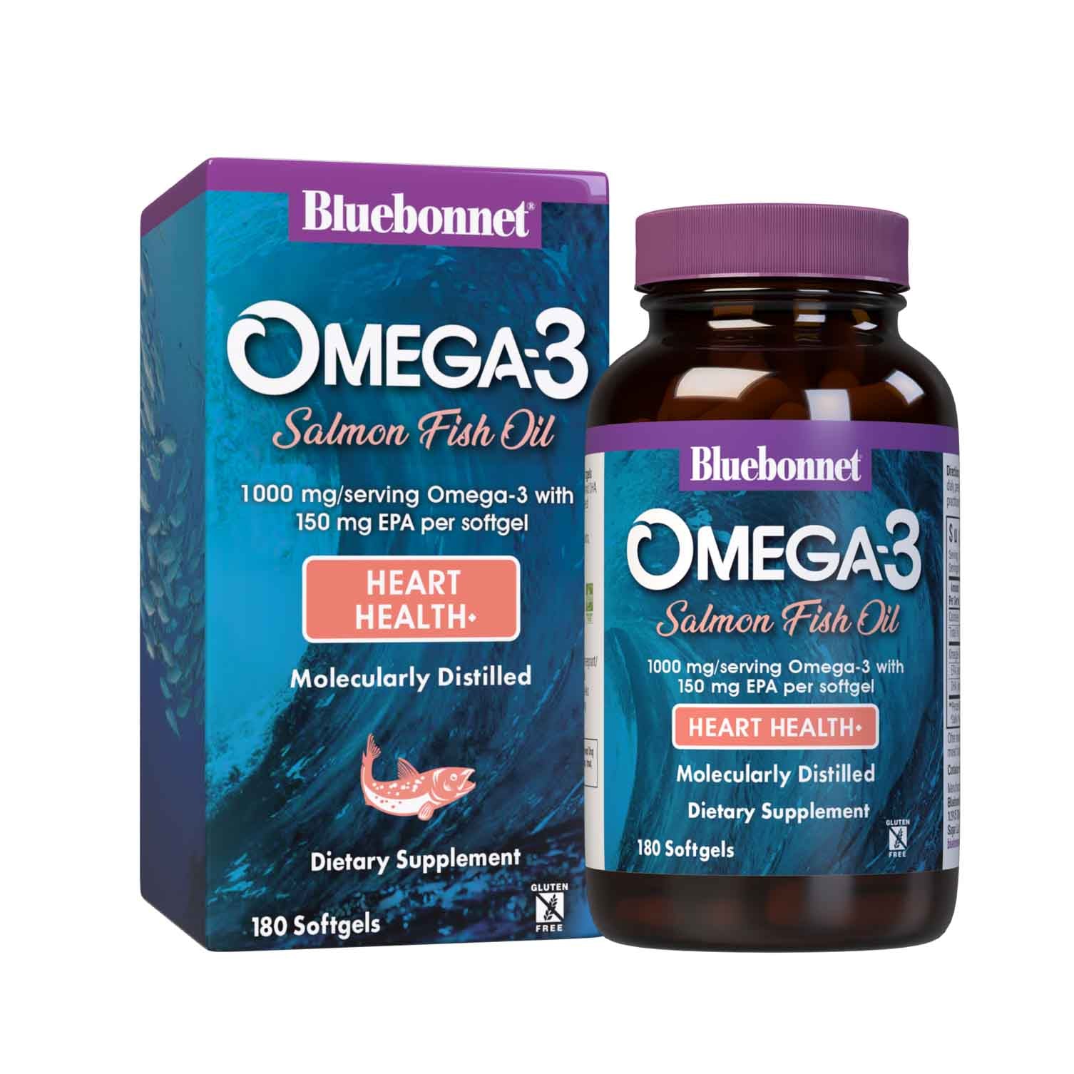 Bluebonnet’s Omega-3 Salmon Oil 180 Softgels are formulated with a specific ratio of EPA and DHA to help support heart health, blood flow, and blood pressure within the normal range by utilizing ultra-refined omega 3-s from salmon fish oil. Bottle with box. #size_180 count