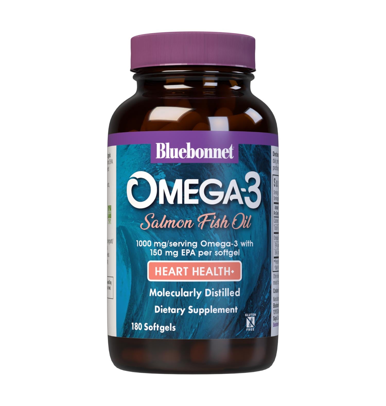 Bluebonnet’s Omega-3 Salmon Oil 180 Softgels are formulated with a specific ratio of EPA and DHA to help support heart health, blood flow, and blood pressure within the normal range by utilizing ultra-refined omega 3-s from salmon fish oil. #size_180 count