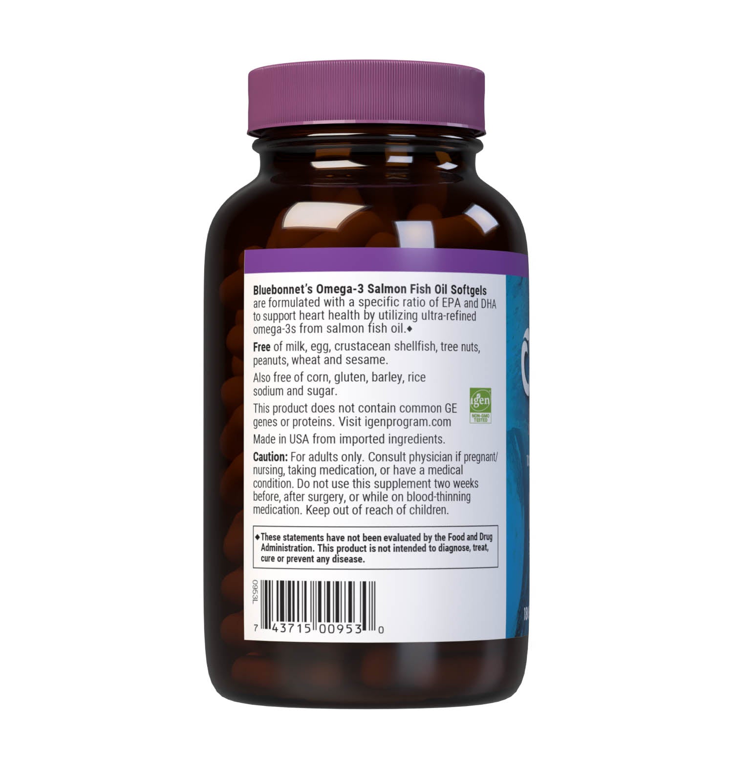 Bluebonnet’s Omega-3 Salmon Oil 180 Softgels are formulated with a specific ratio of EPA and DHA to help support heart health, blood flow, and blood pressure within the normal range by utilizing ultra-refined omega 3-s from salmon fish oil. Description panel. #size_180 count