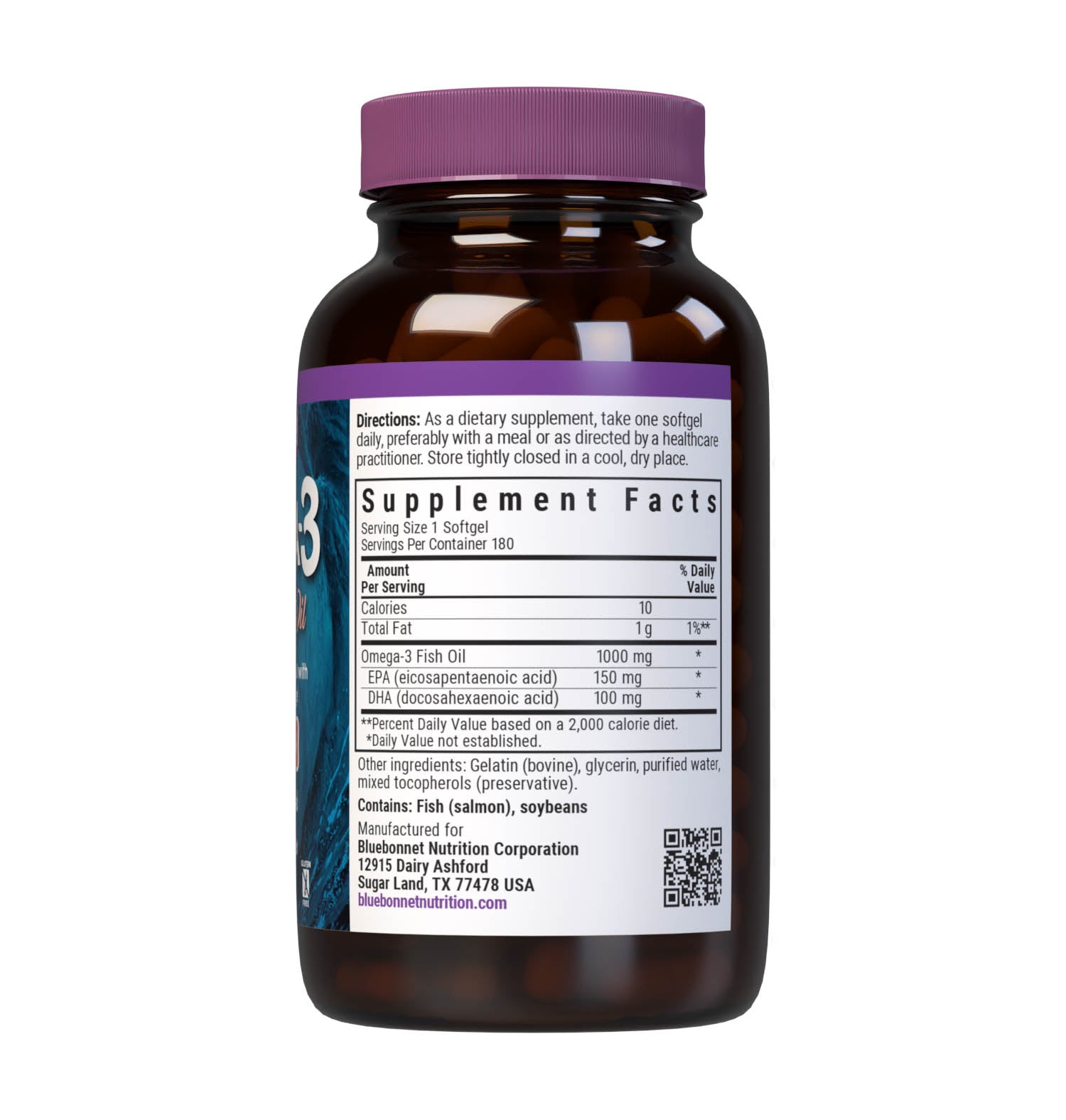 Bluebonnet’s Omega-3 Salmon Oil 180 Softgels are formulated with a specific ratio of EPA and DHA to help support heart health, blood flow, and blood pressure within the normal range by utilizing ultra-refined omega 3-s from salmon fish oil. Supplement facts panel. #size_180 count