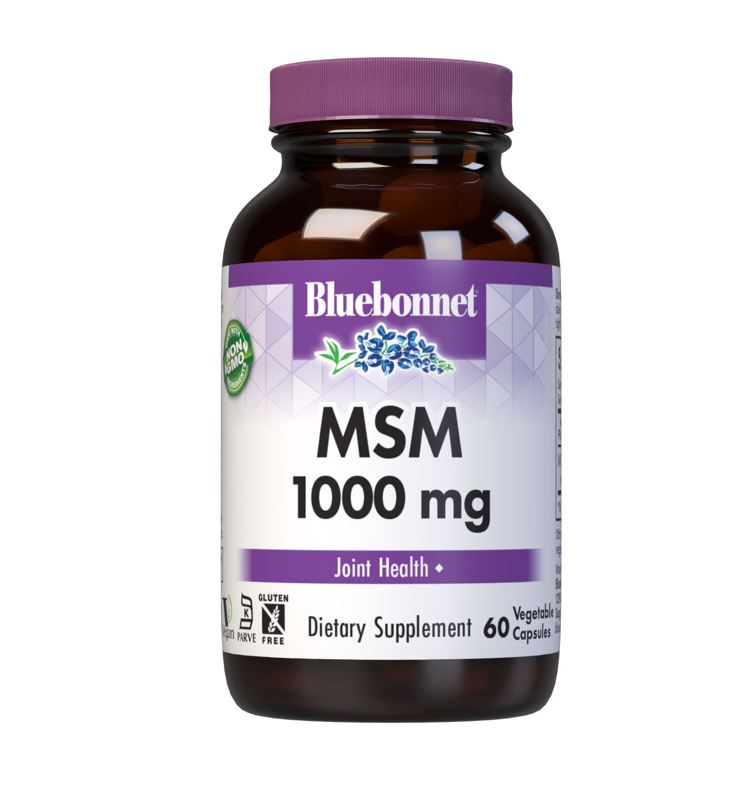 Bluebonnet’s MSM 1000 mg 60 Vegetable Capsules are formulated with patented OptiMSM methylsulfonylmethane, a non-toxic form of active sulfur that is tested in our own state-of-the-art laboratory for purity and potency. MSM helps support healthy joint cartilage and connective tissue. #size_60 count