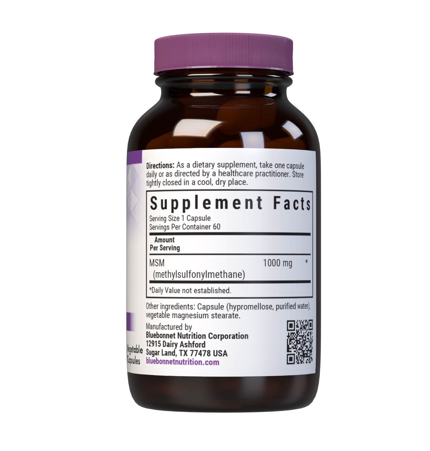 Bluebonnet’s MSM 1000 mg 60 Vegetable Capsules are formulated with patented OptiMSM methylsulfonylmethane, a non-toxic form of active sulfur that is tested in our own state-of-the-art laboratory for purity and potency. MSM helps support healthy joint cartilage and connective tissue. Supplement facts panel. #size_60 count