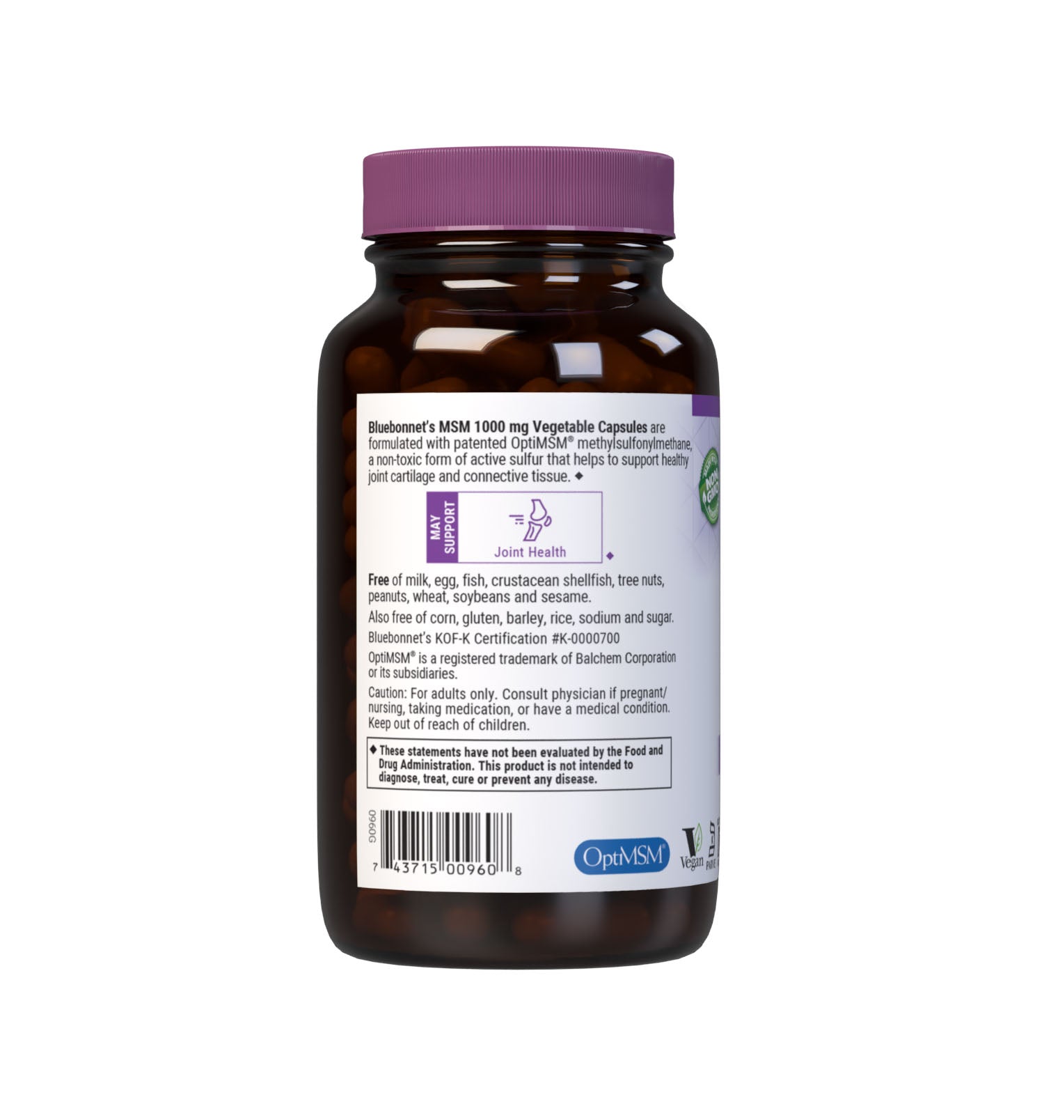 Bluebonnet’s MSM 1000 mg 120 Vegetable Capsules are formulated with patented OptiMSM methylsulfonylmethane, a non-toxic form of active sulfur that is tested in our own state-of-the-art laboratory for purity and potency. MSM helps support healthy joint cartilage and connective tissue. Description panel. #size_120 count