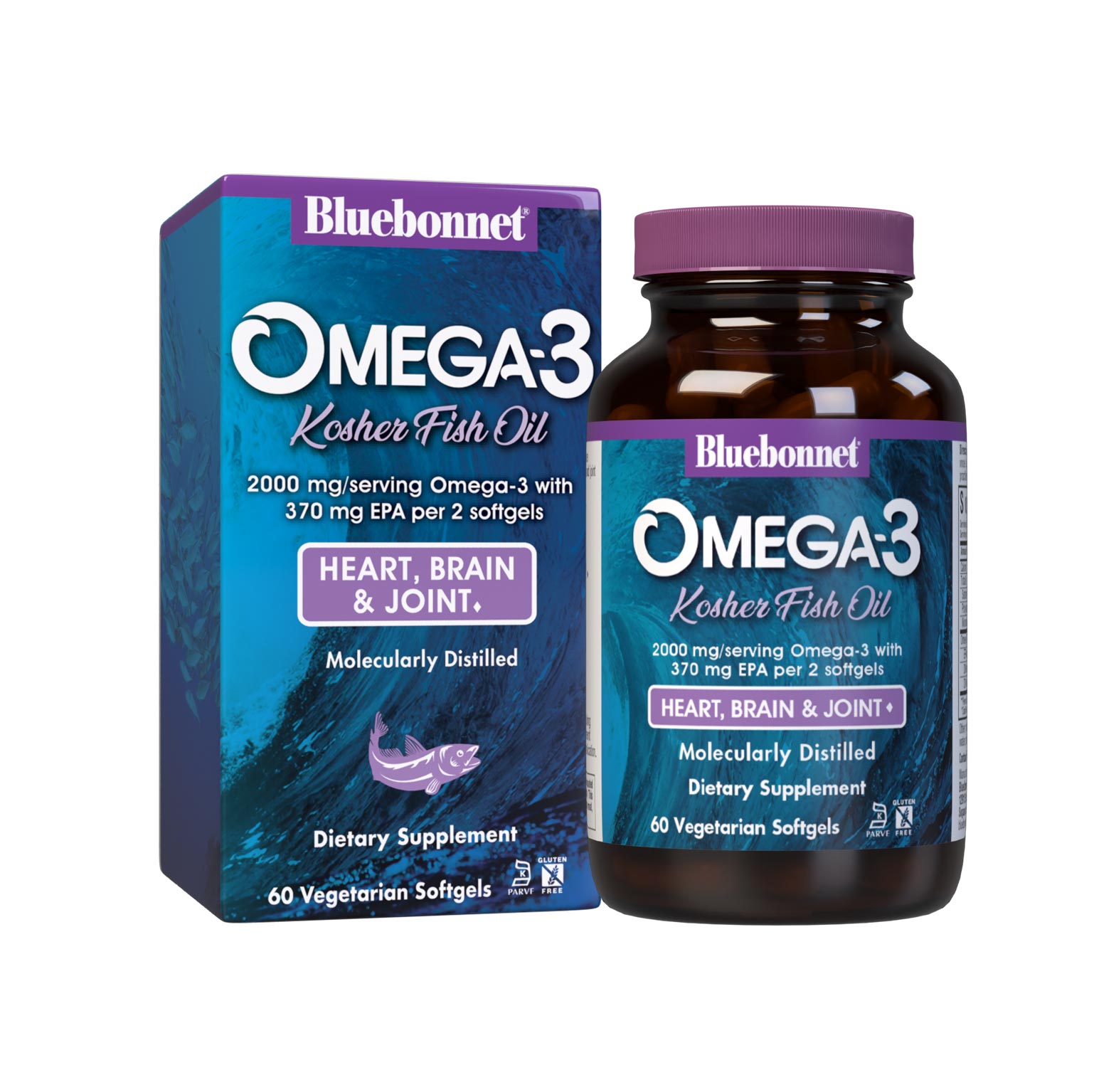 Omega-3 Kosher Fish Oil 60 Vegetarian Softgels are formulated with EPA, DHA and DPA to help support heart, brain and joint health by utilizing refined omega-3s from wild ocean fish. Packaging #size_60 count