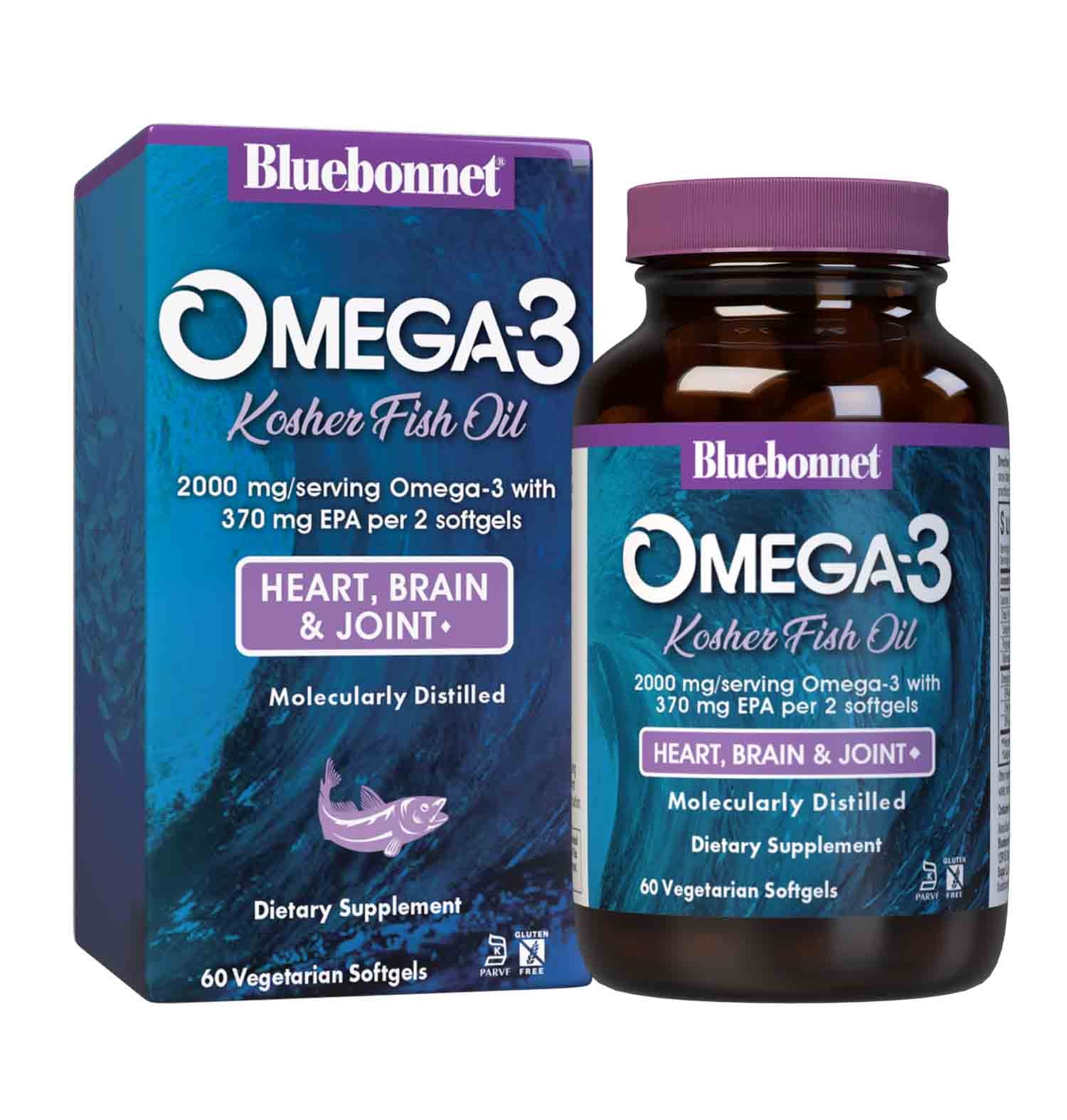 Omega-3 Kosher Fish Oil 60 Vegetarian Softgels are formulated with EPA, DHA and DPA to help support heart, brain and joint health by utilizing refined omega-3s from wild ocean fish. Bottle with box. #size_60 count