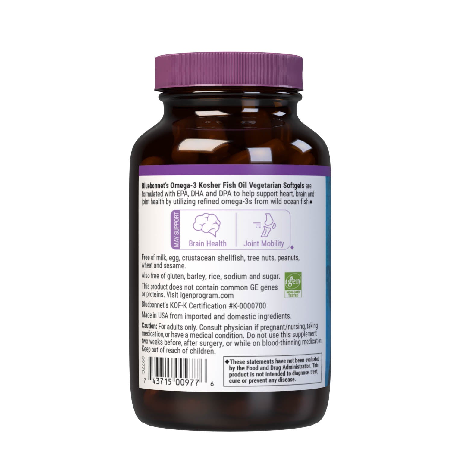 Omega-3 Kosher Fish Oil 60 Vegetarian Softgels are formulated with EPA, DHA and DPA to help support heart, brain and joint health by utilizing refined omega-3s from wild ocean fish. Description panel. #size_60 count