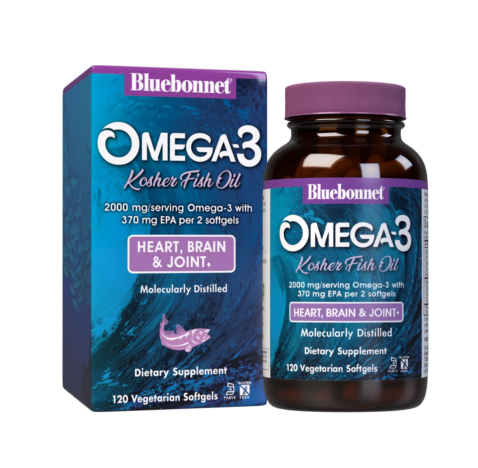 Omega-3 Kosher Fish Oil 120 Vegetarian Softgels are formulated with EPA, DHA and DPA to help support heart, brain and joint health by utilizing refined omega-3s from wild ocean fish. Packaging #size_120 count