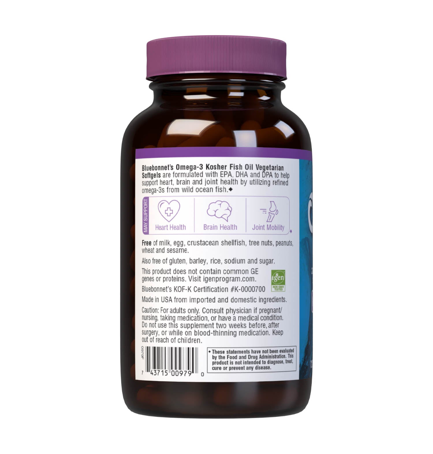 Omega-3 Kosher Fish Oil 120 Vegetarian Softgels are formulated with EPA, DHA and DPA to help support heart, brain and joint health by utilizing refined omega-3s from wild ocean fish. Description panel. #size_120 count