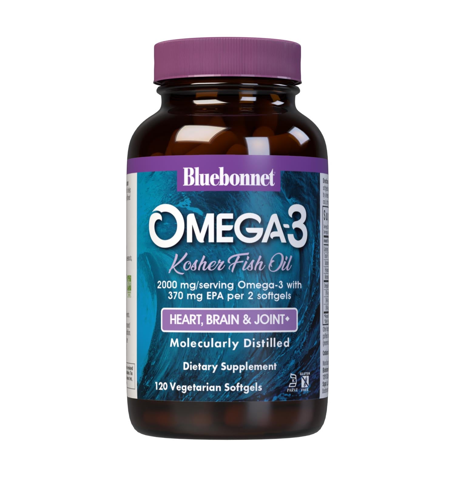 Omega-3 Kosher Fish Oil 120 Vegetarian Softgels are formulated with EPA, DHA and DPA to help support heart, brain and joint health by utilizing refined omega-3s from wild ocean fish. #size_120 count