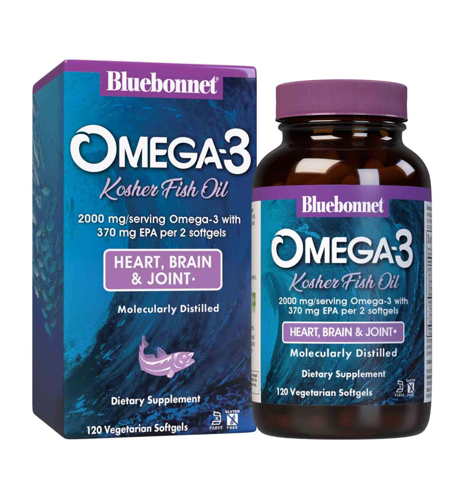 Omega-3 Kosher Fish Oil 120 Vegetarian Softgels are formulated with EPA, DHA and DPA to help support heart, brain and joint health by utilizing refined omega-3s from wild ocean fish. Bottle with box. #size_120 count