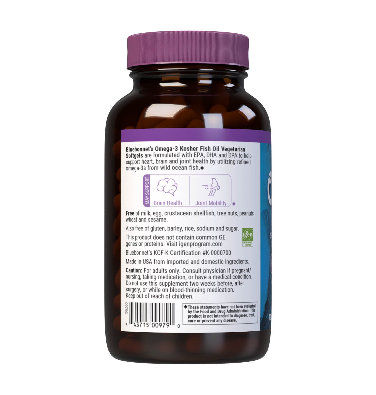 Omega-3 Kosher Fish Oil 120 Vegetarian Softgels are formulated with EPA, DHA and DPA to help support heart, brain and joint health by utilizing refined omega-3s from wild ocean fish. Description panel. #size_120 count