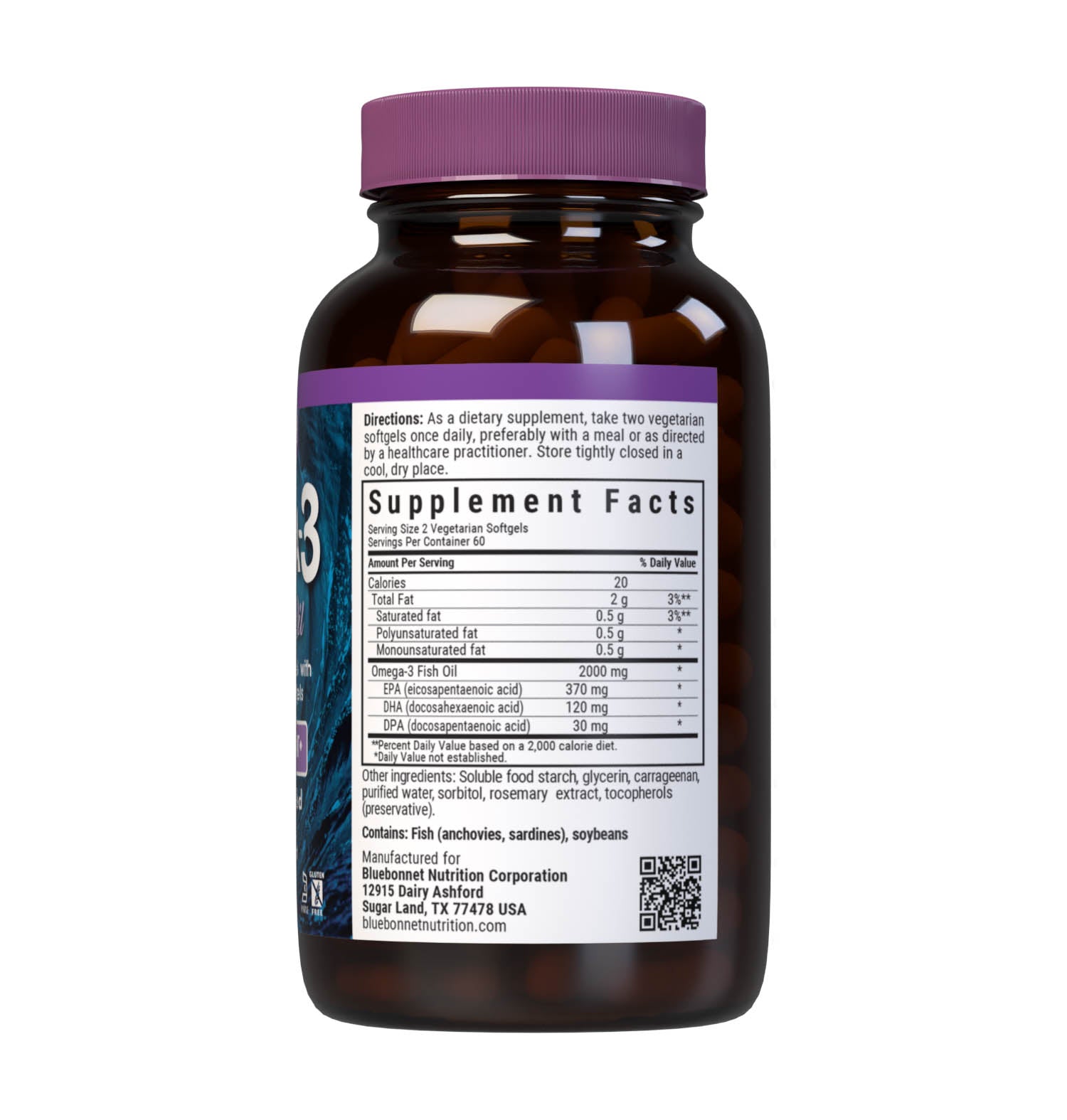 Omega-3 Kosher Fish Oil 120 Vegetarian Softgels are formulated with EPA, DHA and DPA to help support heart, brain and joint health by utilizing refined omega-3s from wild ocean fish. Supplement facts panel. #size_120 count