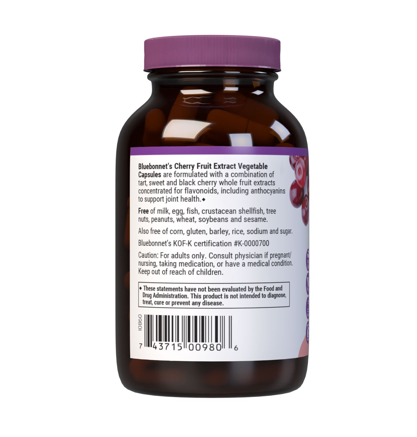 Bluebonnet's Cherry Fruit Extract 60 Vegetable Capsules are formulated with a combination of tart, sweet and black cherry to provide free radical protection and support joint health. Description panel. #size_60 count