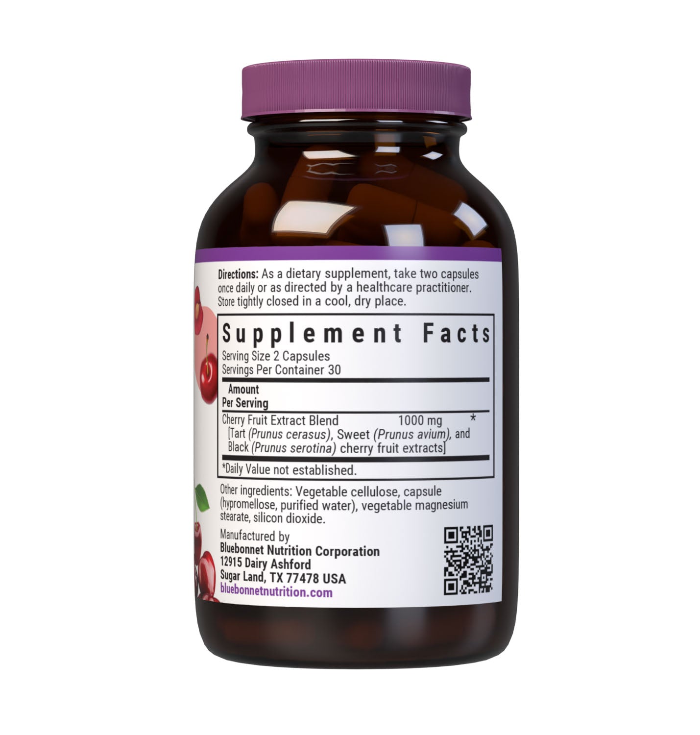 Bluebonnet's Cherry Fruit Extract 60 Vegetable Capsules are formulated with a combination of tart, sweet and black cherry to provide free radical protection and support joint health. Supplement facts panel. #size_60 count
