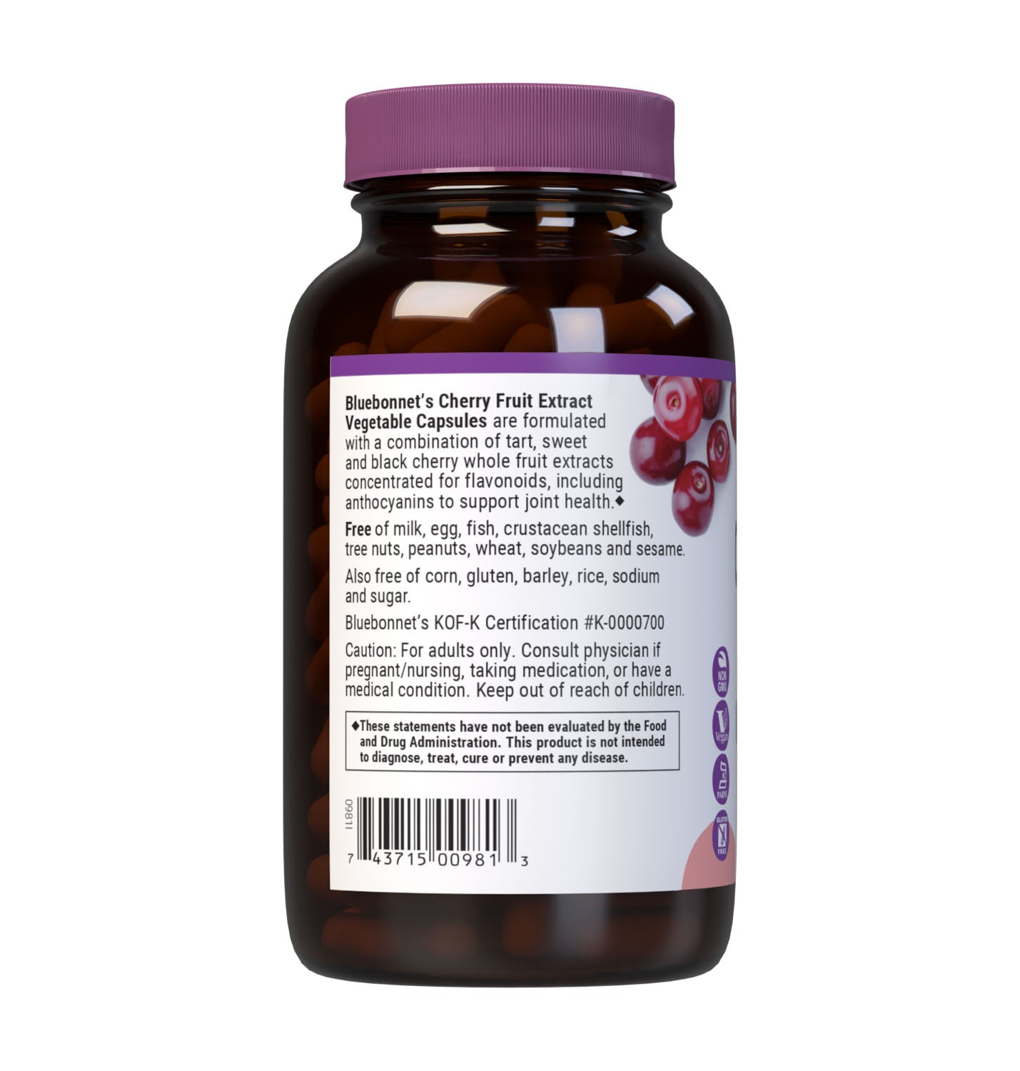 Bluebonnet's Cherry Fruit Extract 120 Vegetable Capsules are formulated with a combination of tart, sweet and black cherry to provide free radical protection and support joint health. Description panel. #size_120 count