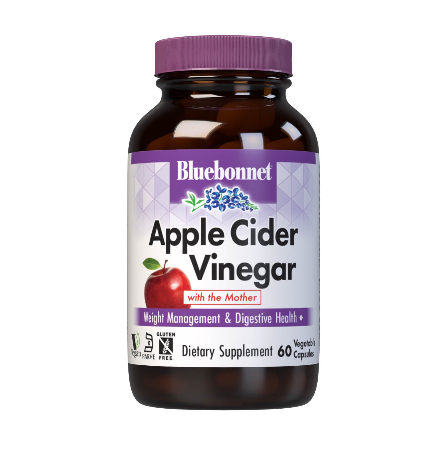 Bluebonnet’s Apple Cider Vinegar with the Mother 60 Vegetable Capsules are carefully crafted from cold-pressed juice of organic apples, which has been fermented and standardized for acetic acid to support weight management and digestive health. #size_60 count