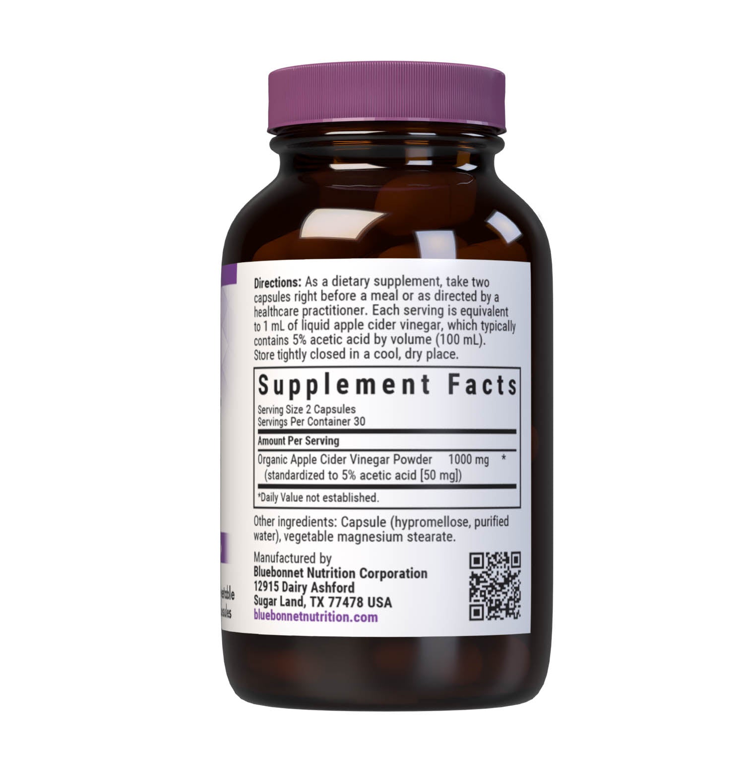 Bluebonnet’s Apple Cider Vinegar with the Mother 60 Vegetable Capsules are carefully crafted from cold-pressed juice of organic apples, which has been fermented and standardized for acetic acid to support weight management and digestive health. Supplement facts panel. #size_60 count