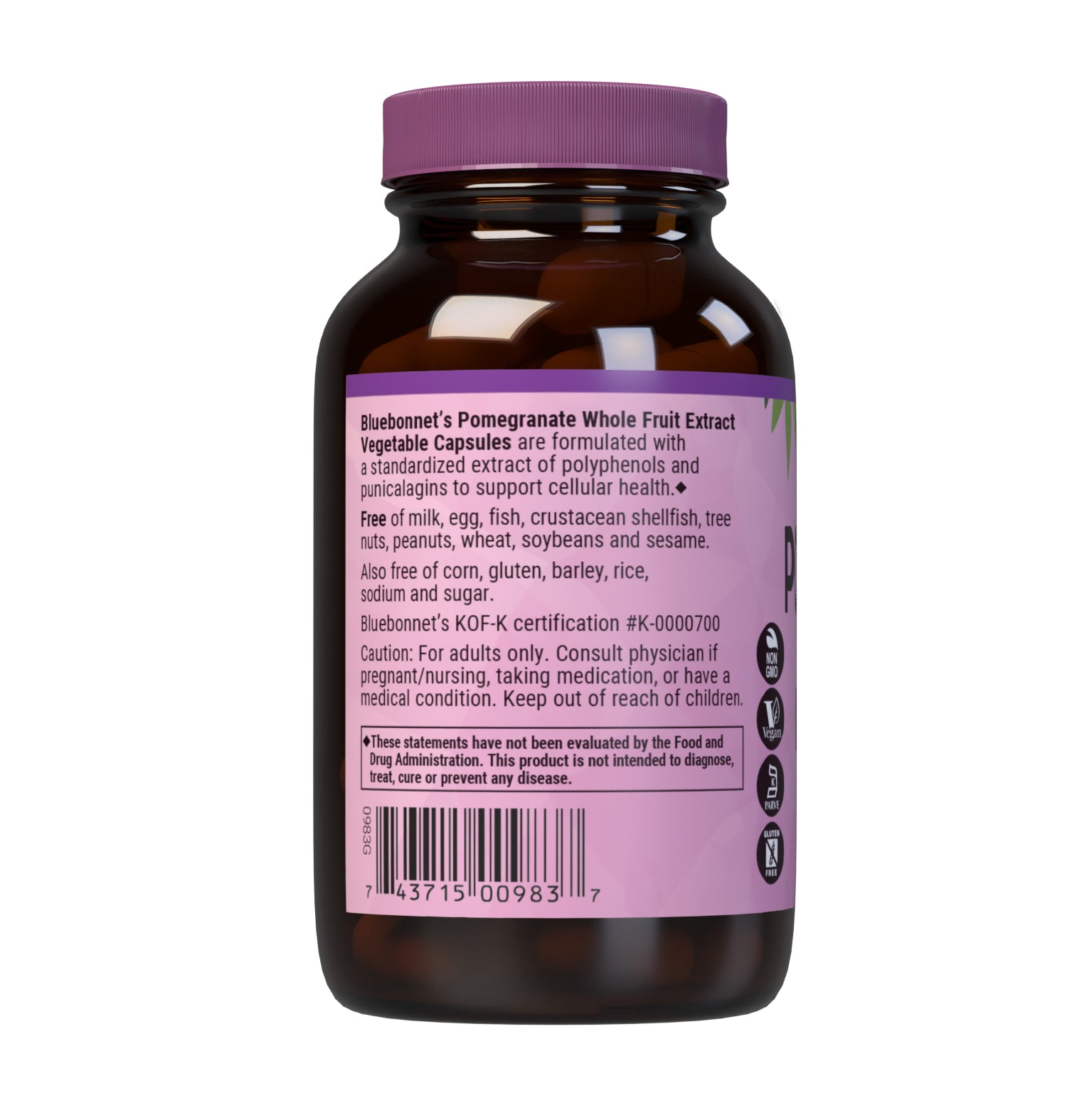 Bluebonnet’s Pomegranate Whole Fruit Extract 60 Vegetable Capsules are formulated with a whole fruit extract that supplies polyphenols and punacalagins that provide free radical protection. Description panel. #size_60 count