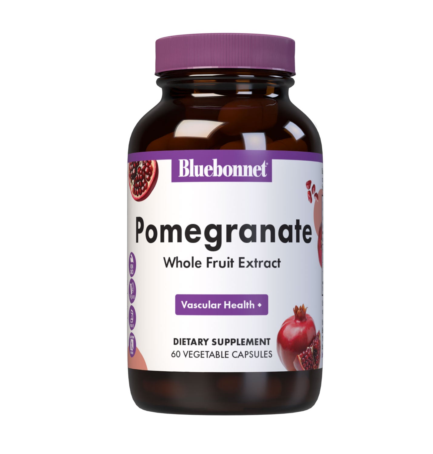 Bluebonnet’s Pomegranate Whole Fruit Extract 60 Vegetable Capsules are formulated with a whole fruit extract that supplies polyphenols and punacalagins that provide free radical protection. #size_60 count