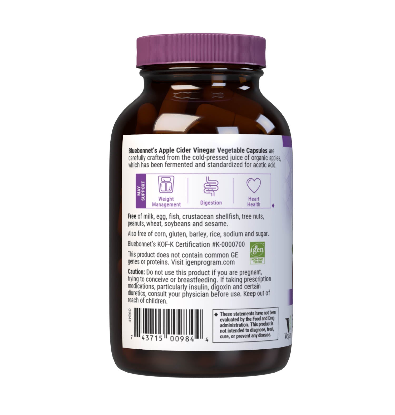 Bluebonnet’s Apple Cider Vinegar with the Mother 120 Vegetable Capsules are carefully crafted from cold-pressed juice of organic apples, which has been fermented and standardized for acetic acid to support weight management and digestive health. Description panel. #size_120 count