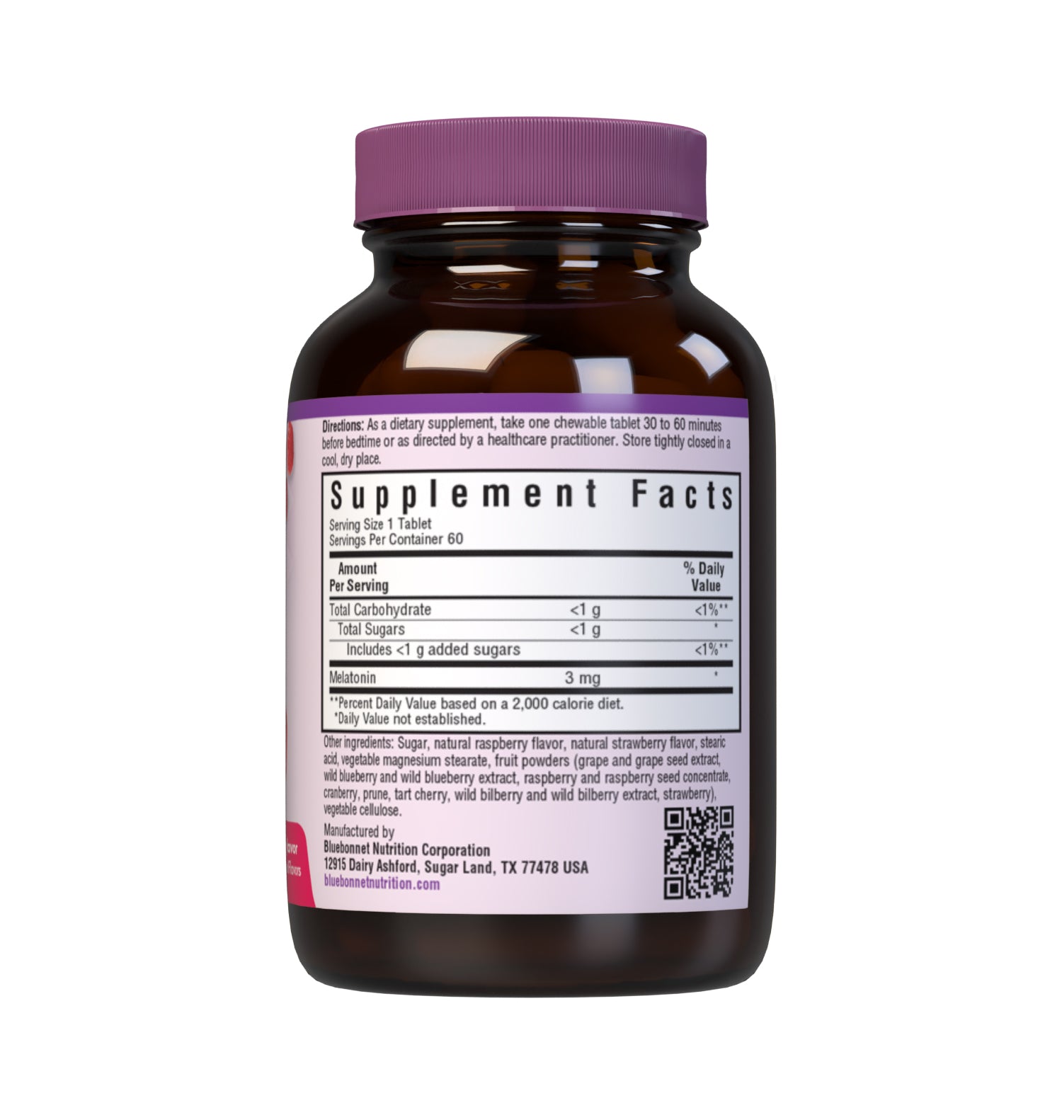 Bluebonnet’s EarthSweet Chewables Melatonin 3 mg 60 Tablets help to minimize occasional sleeplessness for those affected by disturbed sleep/wake cycles, such as those traveling across multiple time zones. This product is sweetened with EarthSweet, a proprietary mix of juice concentrates and cane crystals. Supplement facts panel. #size_60 count