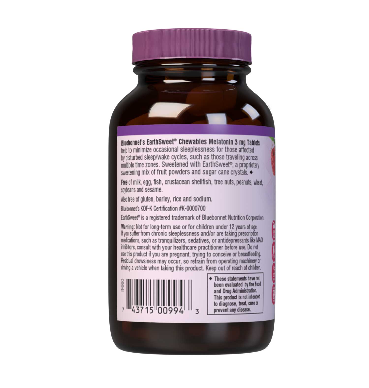 Bluebonnet’s EarthSweet Chewables Melatonin 3 mg 120 Tablets help to minimize occasional sleeplessness for those affected by disturbed sleep/wake cycles, such as those traveling across multiple time zones. This product is sweetened with EarthSweet, a proprietary mix of juice concentrates and cane crystals. Description panel. #size_120 count