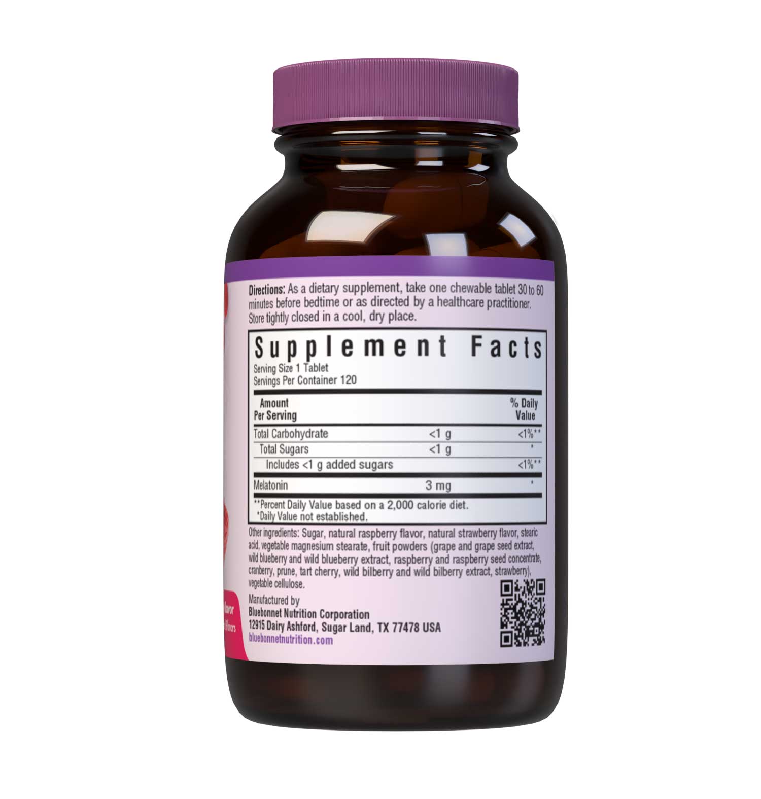 Bluebonnet’s EarthSweet Chewables Melatonin 3 mg 120 Tablets help to minimize occasional sleeplessness for those affected by disturbed sleep/wake cycles, such as those traveling across multiple time zones. This product is sweetened with EarthSweet, a proprietary mix of juice concentrates and cane crystals. Supplement facts panel. #size_120 count