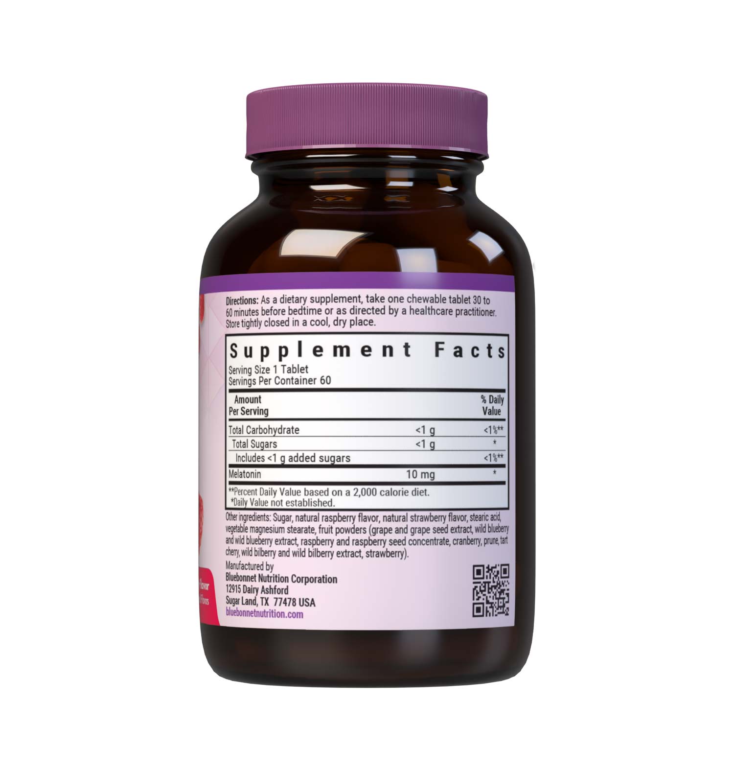 Bluebonnet’s EarthSweet Chewables Melatonin 10 mg 60 Tablets help minimize occasional sleeplessness for those affected by disturbed sleep/wake cycles, such as those traveling across multiple time zones. This product is sweetened with EarthSweet, a proprietary mix of fruit powders and sugar cane crystals. Supplement facts panel. #size_60 count