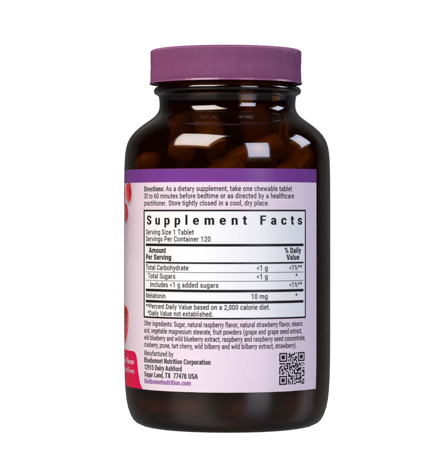 Bluebonnet’s EarthSweet Chewables Melatonin 10 mg 120 Tablets help minimize occasional sleeplessness for those affected by disturbed sleep/wake cycles, such as those traveling across multiple time zones. This product is sweetened with EarthSweet, a proprietary mix of fruit powders and sugar cane crystals. Supplement facts panel. #size_120 count