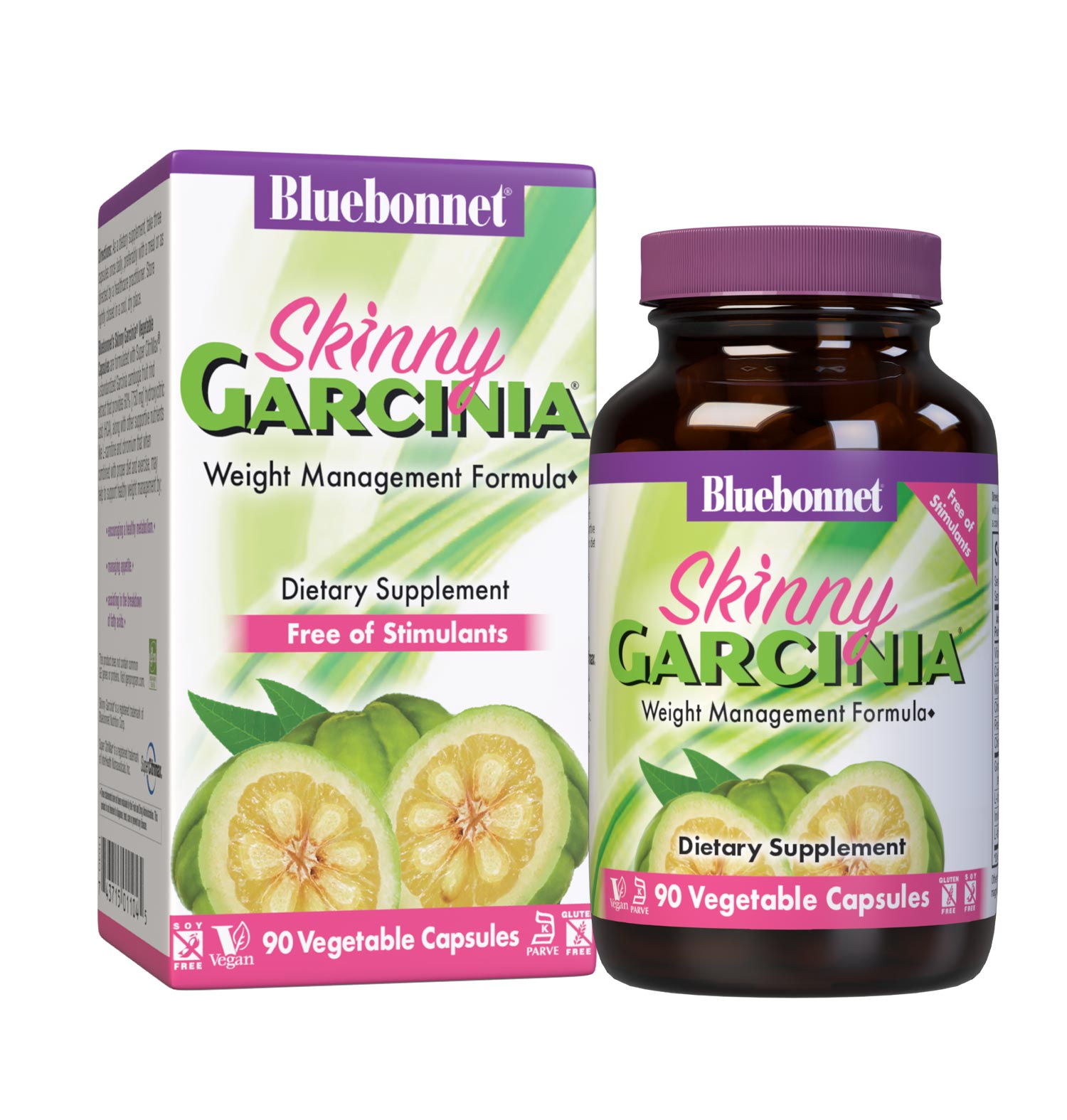 Bluebonnet’s Skinny Garcinia 90 Vegetable Capsules are specially formulated with the patented South Asian fruit extract, Garcinia cambogia, known as Super CitriMax that is standardized to 60% [750 mg] hydroxycitric acid (HCA). When combined with proper diet and exercise, this caffeine-free, non-stimulant formula may help support healthy weight management by burning fat, supporting healthy blood sugar levels already within normal range, and curbing appetite. Bottle with box. #size_90 count