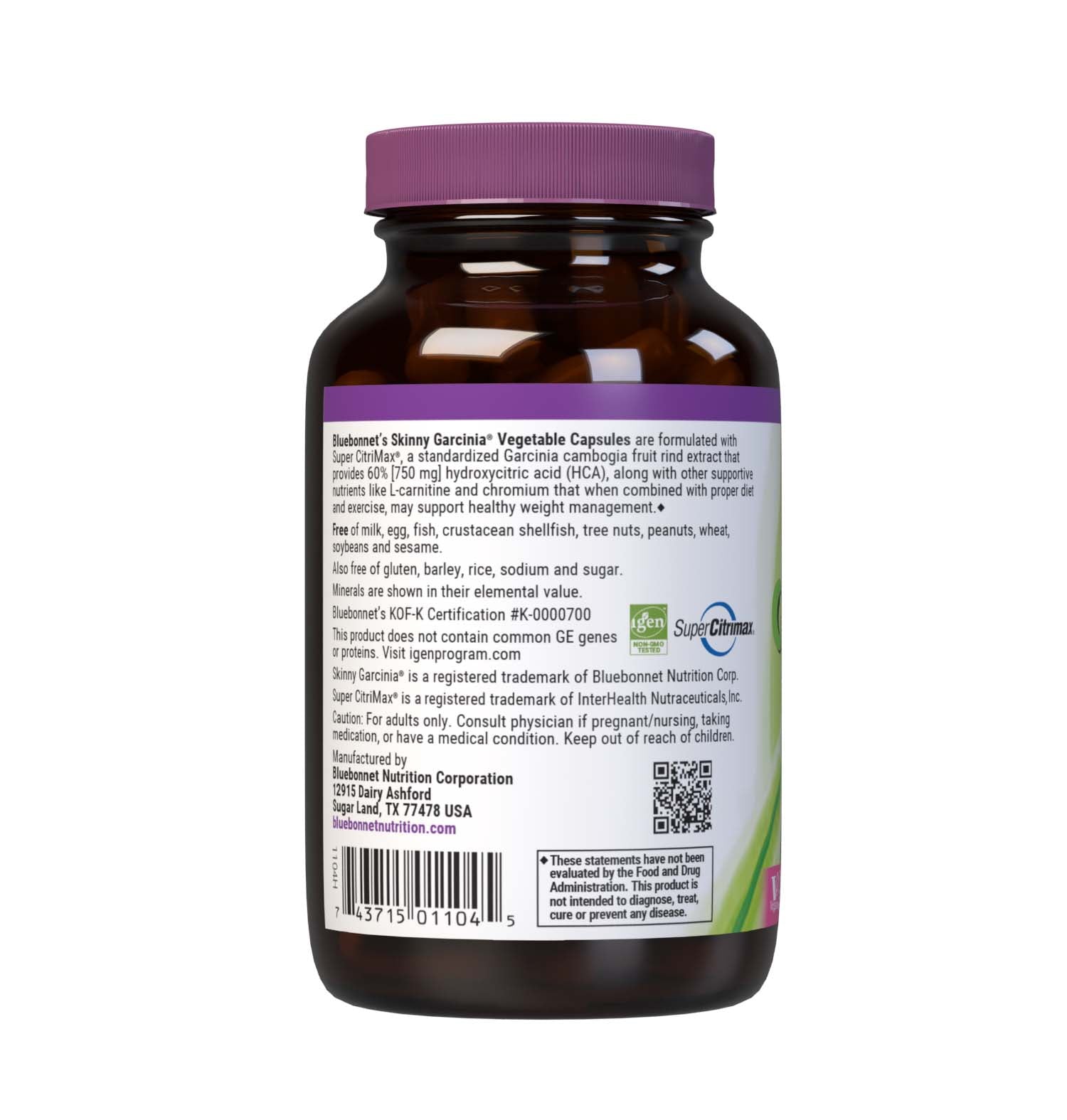 Bluebonnet’s Skinny Garcinia 90 Vegetable Capsules are specially formulated with the patented South Asian fruit extract, Garcinia cambogia, known as Super CitriMax that is standardized to 60% [750 mg] hydroxycitric acid (HCA). When combined with proper diet and exercise, this caffeine-free, non-stimulant formula may help support healthy weight management by burning fat, supporting healthy blood sugar levels already within normal range, and curbing appetite. Description panel. #size_90 count