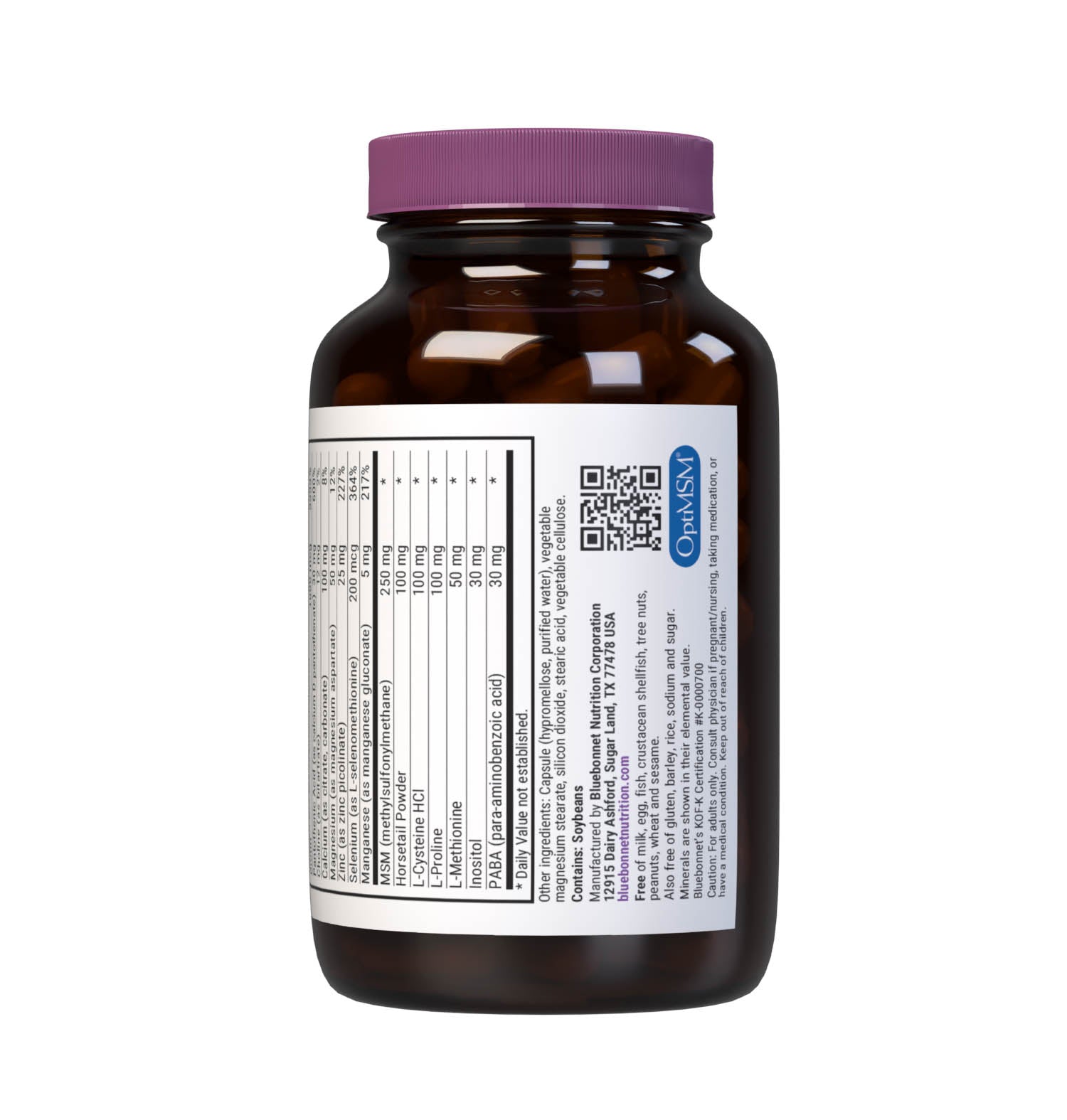 Bluebonnet’s Ultimate Hair & Nail Formula 90 Vegetable Capsules are specially formulated with high potency vitamins, minerals, amino acids, horsetail silica, and OptiMSM a superior form of active sulphur, for optimal hair and nail support. Supplement facts panel, bottom part. #size_90 count