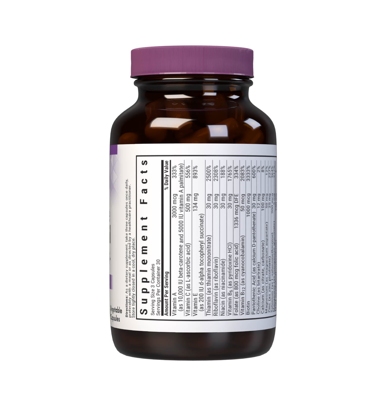 Bluebonnet’s Ultimate Hair & Nail Formula 90 Vegetable Capsules are specially formulated with high potency vitamins, minerals, amino acids, horsetail silica, and OptiMSM a superior form of active sulphur, for optimal hair and nail support. Supplement facts panel, top part. #size_90 count