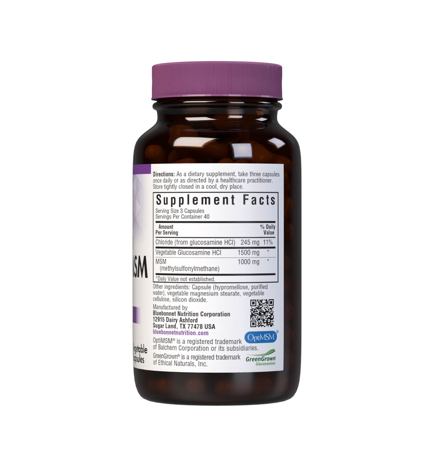 Bluebonnet’s Vegetarian Glucosamine MSM (Shellfish-Free) 120 Vegetable Capsules are formulated with a complementary, vegetarian blend of glucosamine hydrochloride known as GreenGrown and patented OptiMSM for optimal joint health. Supplement facts panel. #size_120 count