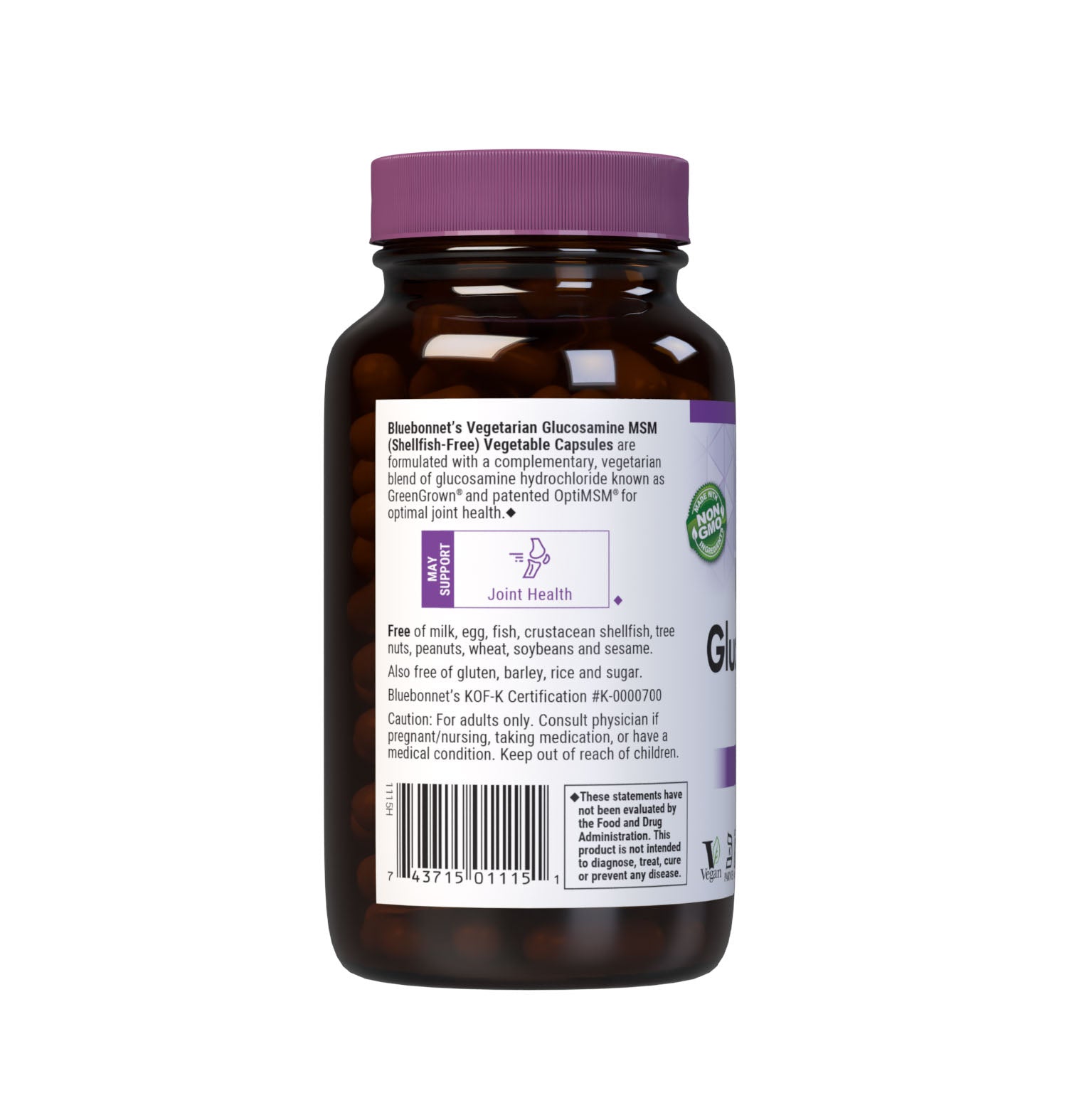 Bluebonnet’s Vegetarian Glucosamine MSM (Shellfish-Free) 120 Vegetable Capsules are formulated with a complementary, vegetarian blend of glucosamine hydrochloride known as GreenGrown and patented OptiMSM for optimal joint health. Description panel. #size_120 count