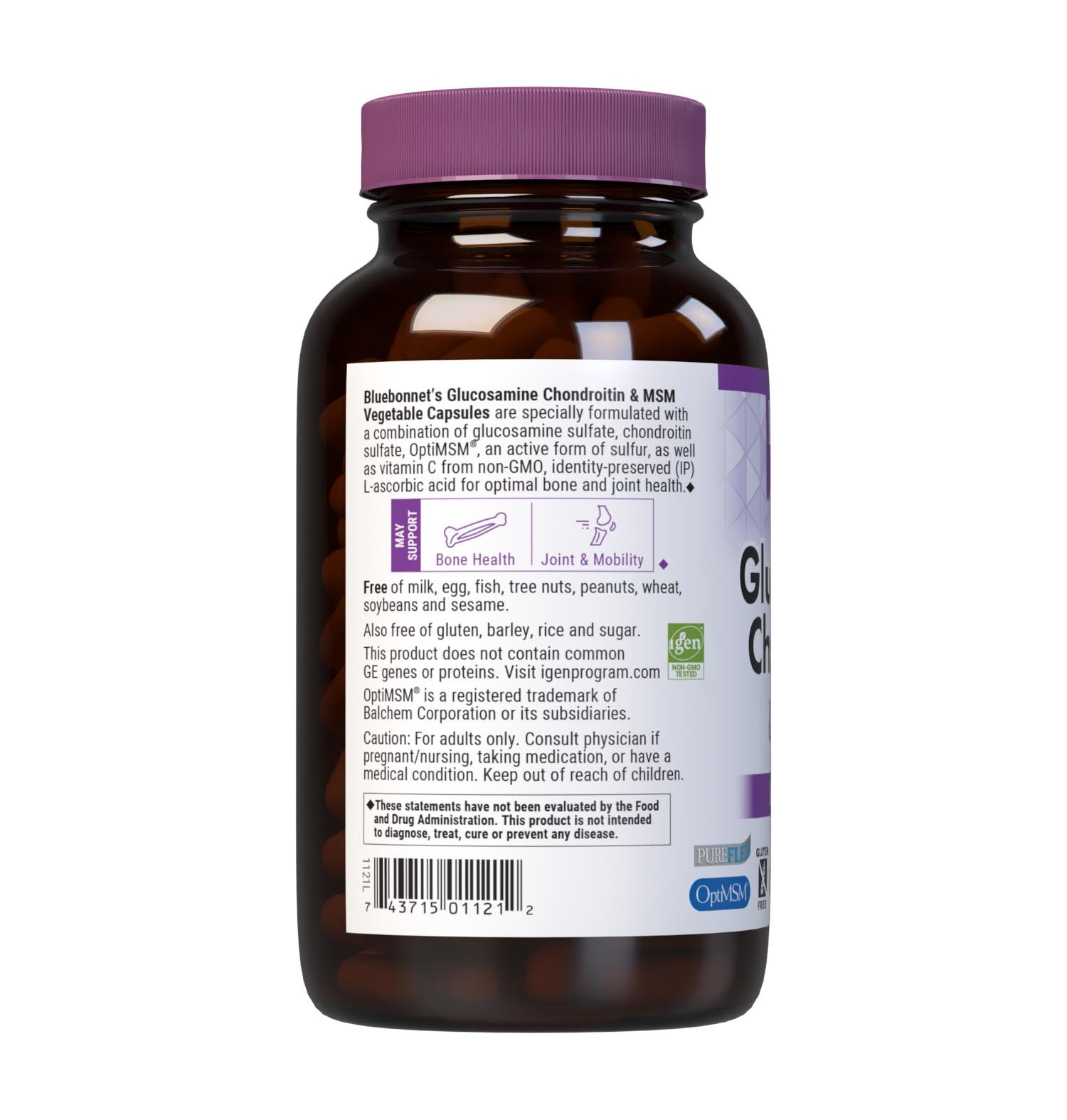 Bluebonnet’s Glucosamine Chondroitin Sulfate & MSM 180 Vegetable Capsules are specially formulated with a combination of glucosamine sulfate, chondroitin sulfate, OptiMSM an active form of sulfur, as well as vitamin C from Identity-Preserved (IP) L-ascorbic acid for optimal joint health. Description panel. #size_180 count