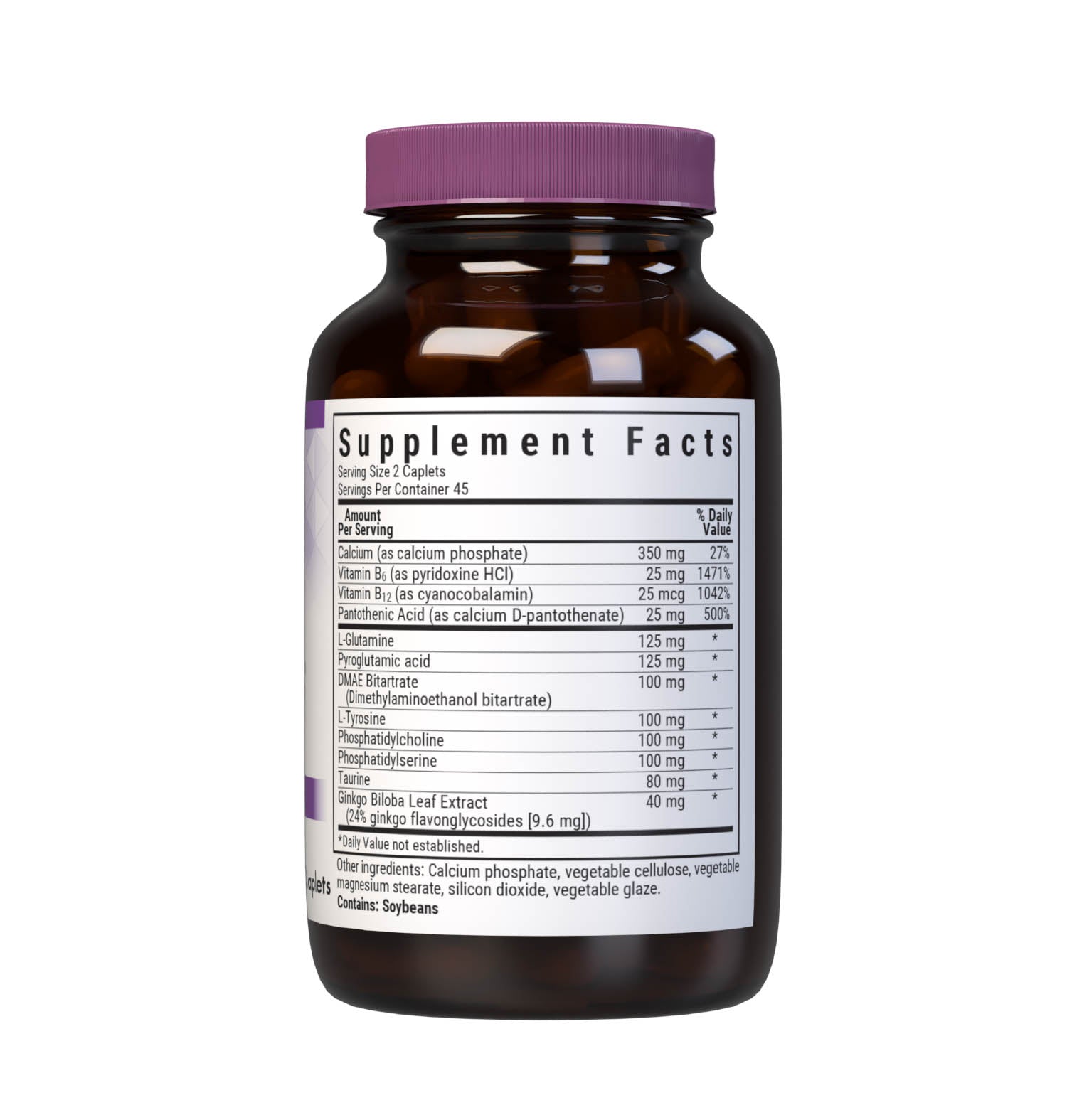 Bluebonnet’s Power Thought 90 Caplets are scientifically formulated with a powerful spectrum of highly advanced cognitive-enhancing nutrients, including sustainably-sourced botanicals, DMAE, phosphatidylserine and phosphatidylcholine, for optimal brain health. This complementary blend works to facilitate the communication between nerve cells, thereby enhancing the brain's ability to process, retain, and retrieve information for healthy cognitive function.  Supplement facts panel. #size_90 count