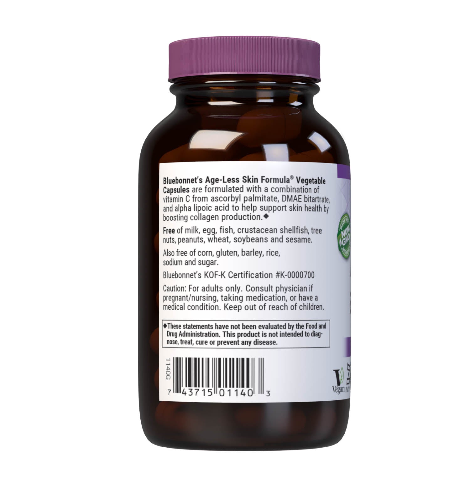 Bluebonnet’s Age-Less Skin Formula 60 Vegetable Capsules are formulated with a combination of vitamin C from ascorbyl palmitate, DMAE and alpha lipoic acid to help support skin health by boosting collagen production. Description panel. #size_60 count