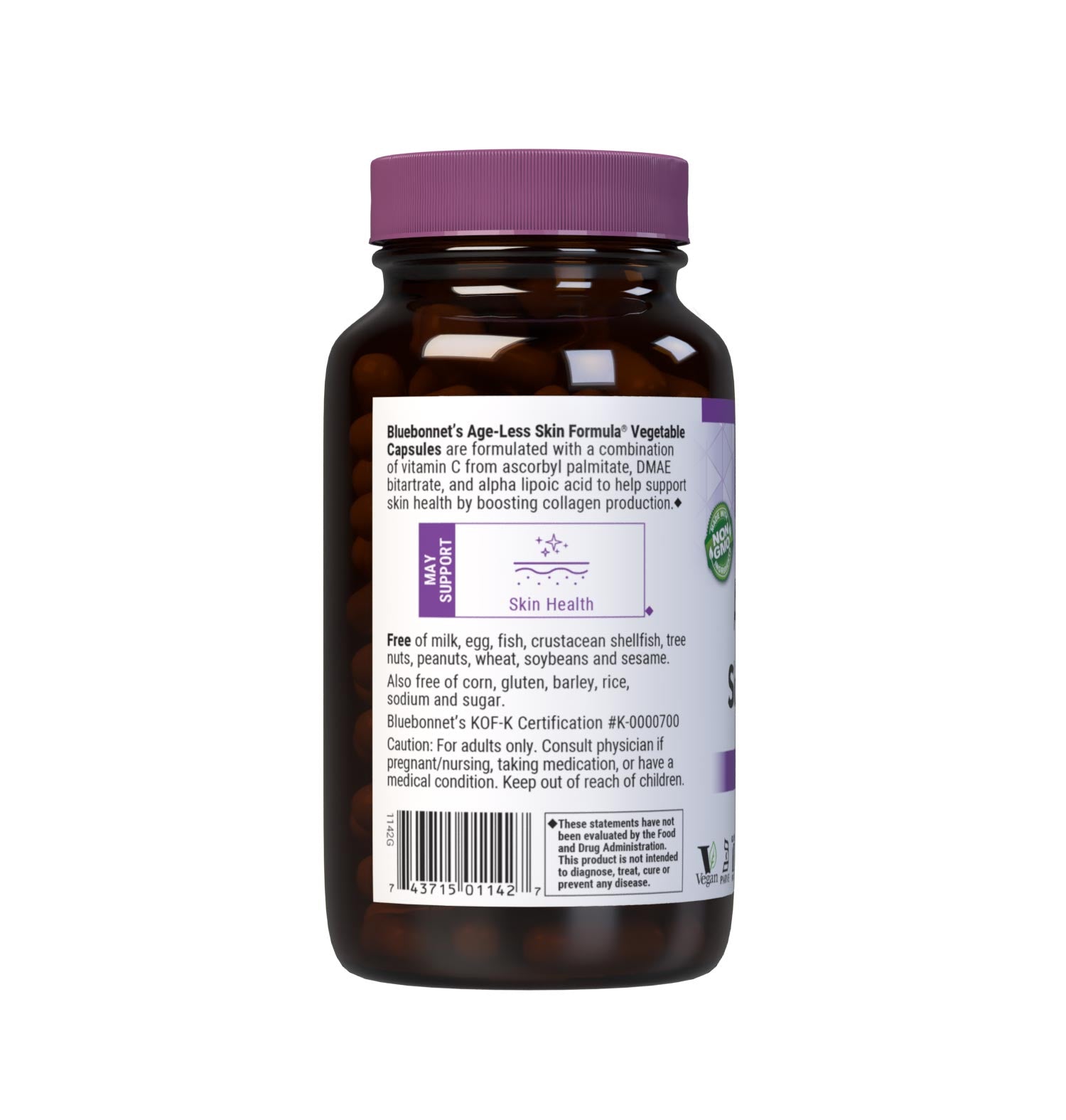 Bluebonnet’s Age-Less Skin Formula 120 Vegetable Capsules are formulated with a combination of vitamin C from ascorbyl palmitate, DMAE and alpha lipoic acid to help support skin health by boosting collagen production. Description panel. #size_120 count