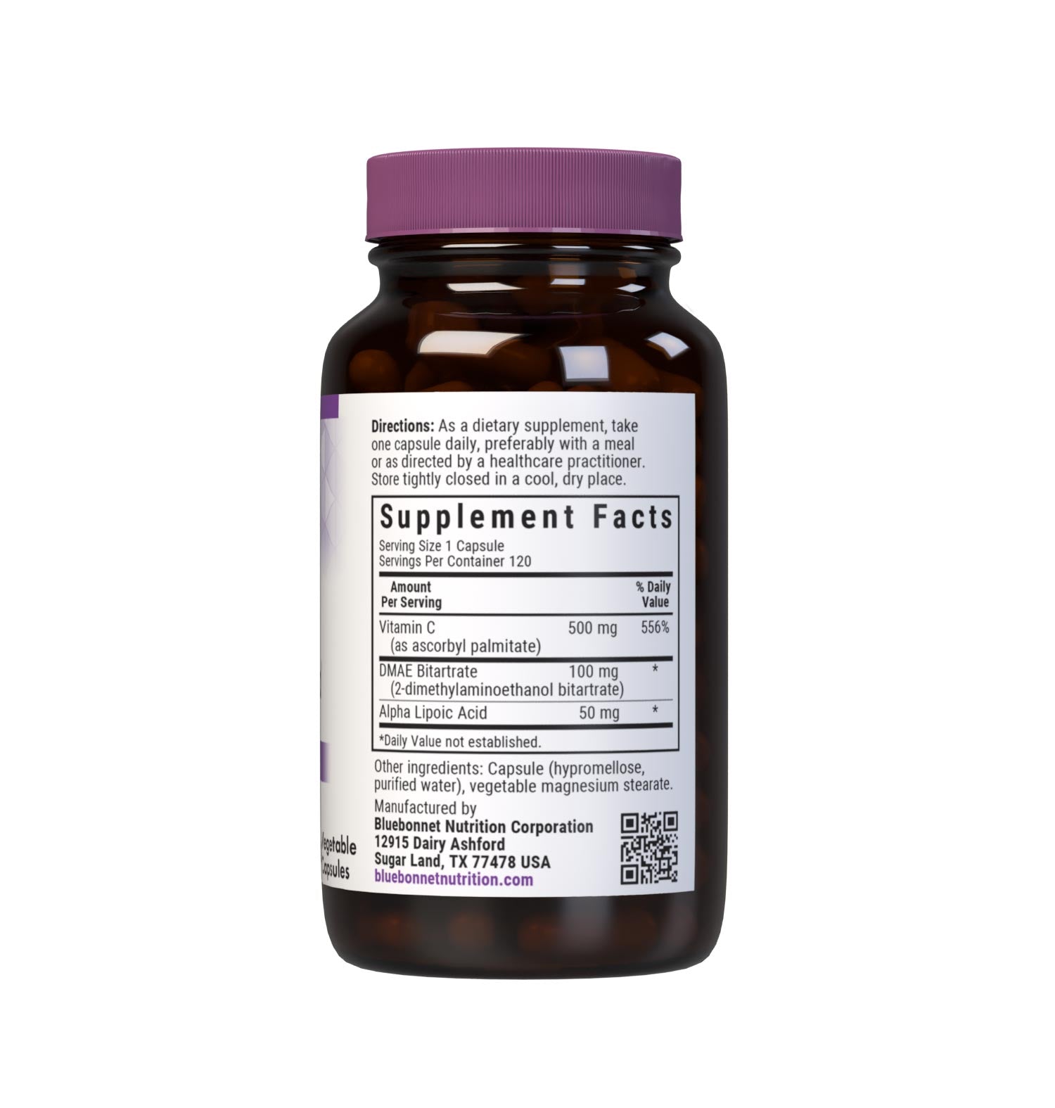 Bluebonnet’s Age-Less Skin Formula 120 Vegetable Capsules are formulated with a combination of vitamin C from ascorbyl palmitate, DMAE and alpha lipoic acid to help support skin health by boosting collagen production. Supplement facts panel. #size_120 count