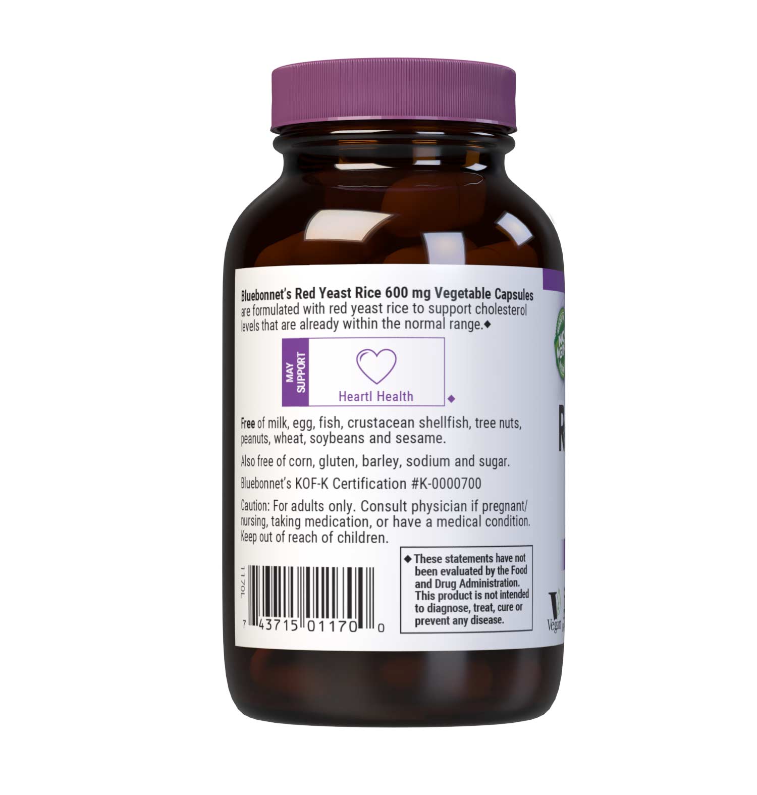 Bluebonnet’s Red Yeast Rice 600 mg 60 Vegetable Capsules are formulated with red yeast rice, which is the product of rice fermentation with various strains of the yeast, Monascus purpureus. Red yeast rice may help to maintain cholesterol levels that are already within the normal range. Description panel. #size_60 count